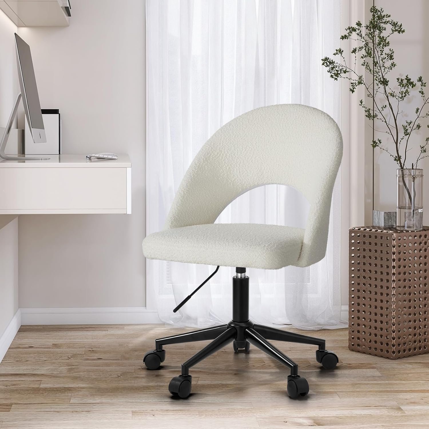 Oikiture Office Desk Chair with Boucle Cover Armless Home Office Chair for Home Office Bedroom White and Gold
