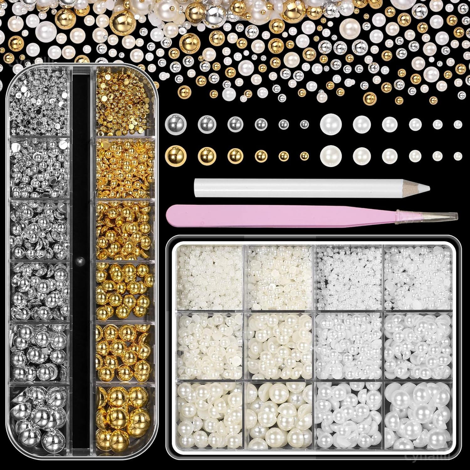 2 Boxes Flatback Pearls and Beads for Nails, Mixed Sizes White Beige Nail Art Pearls Luxurious Silver Gold Half Pearl Nail Charms, Gems for Nails ABS round Plastic Beads Nail Supplies DIY image number 6