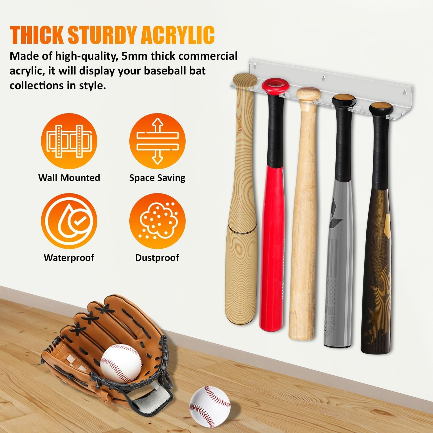Baseball Bat Display Hanger for 5 Bats or Balls - Vertical Bat and Baseball Holder Wall Mount - Better than Display Case | Sturdy Acrylic Hanging Rack Organizer | Easy to Instal (Hardware Included) image number 1