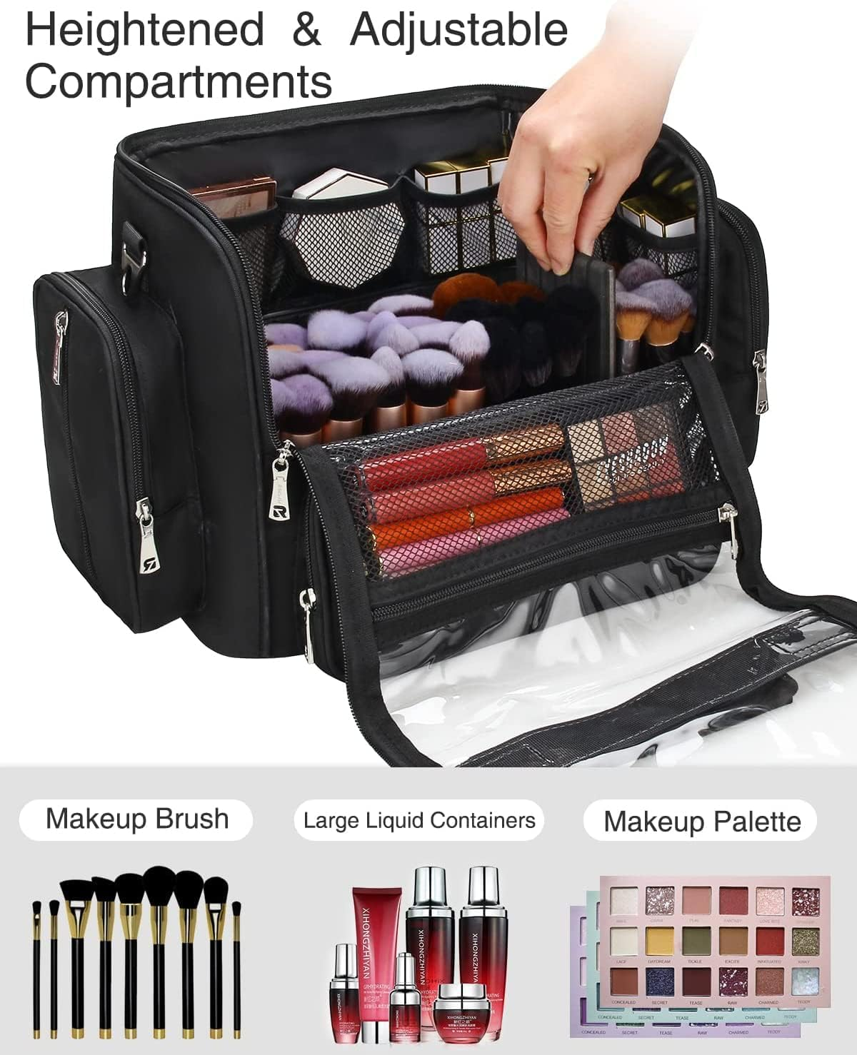 Makeup Brush Bag, Clear Makeup Brush Holder with Lid, Extra Large Capacity Travel Cosmetic Bag Makeup Artist Must Haves, Black Makeup Case, Make up Organizers and Storage, with Adjustable Dividers image number 1