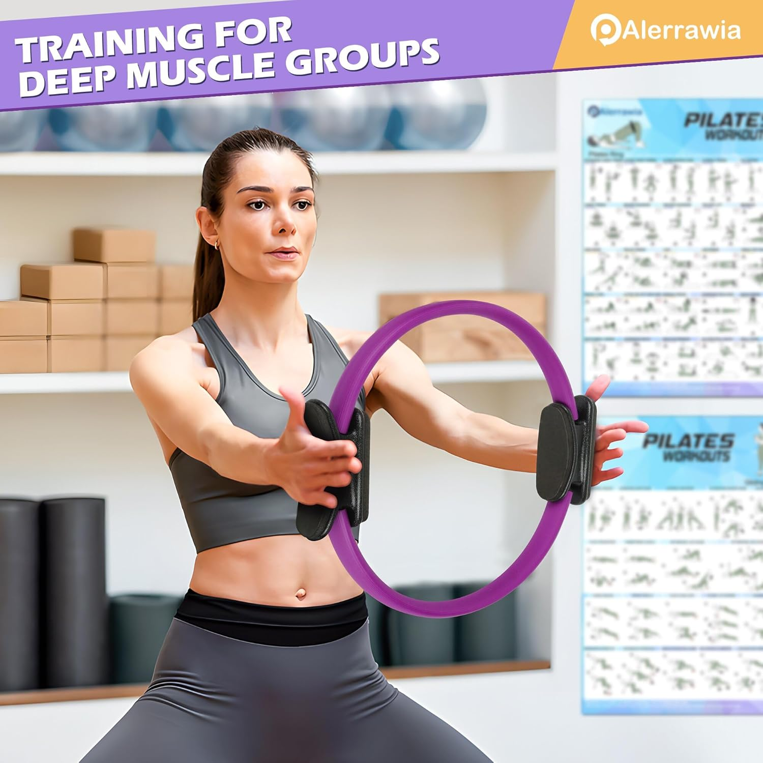 Alerrawia Pilates Ring Set-For Home Exercise - Anti-Deformation Magic Circle with Padded Handles.Sliding Disc.Resistance Bands 8-Piece Set,Ball. Guide & Bag