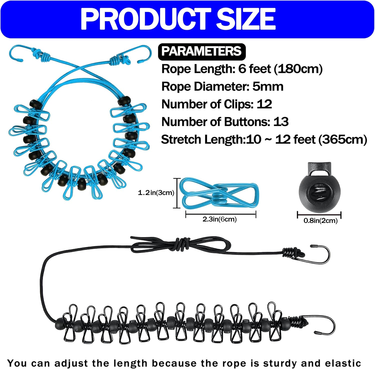 Portable Clothesline with 12 Clothespins, [2 Pack] Gvtech Windproof Travel Clothesline Stretchy Retractable Elastic Laundry Clothes Line for Backyard Vacation Hotel Balcony Clothes Drying (Black+Blue) image number 5