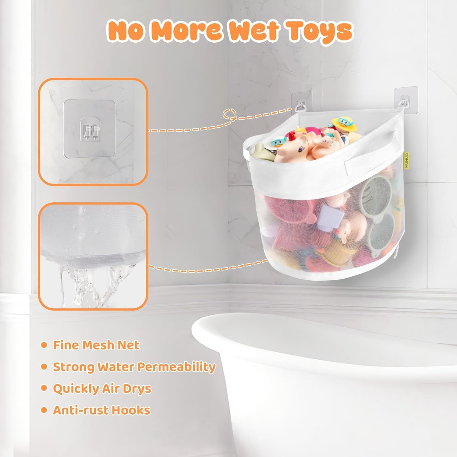 4 Gallons Bath Toy Organizer, Bottom Zipper Bathtub Toy Storage Bag, Quick Access Bath Toy Holder Baby Shower Games Bath Tub Quick Dry Baby Bath Toy Storage Accessory White image number 1