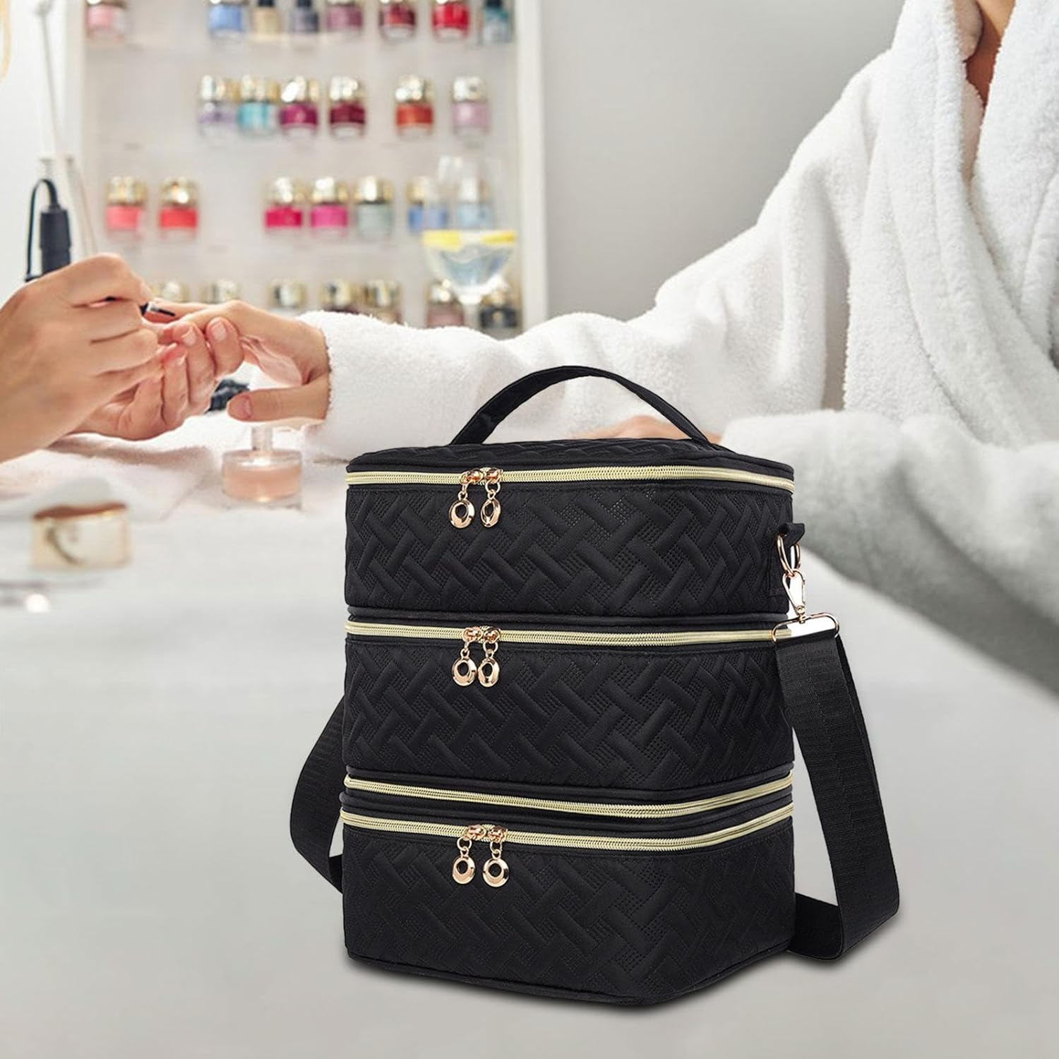 Ysyqkn Nail Polish Carrying Case Organizer 3 Layer with Handle Holds 60 Bottles Nail Polish Holder Cosmetic Bag for Manicure Tools, Woven Texture image number 1