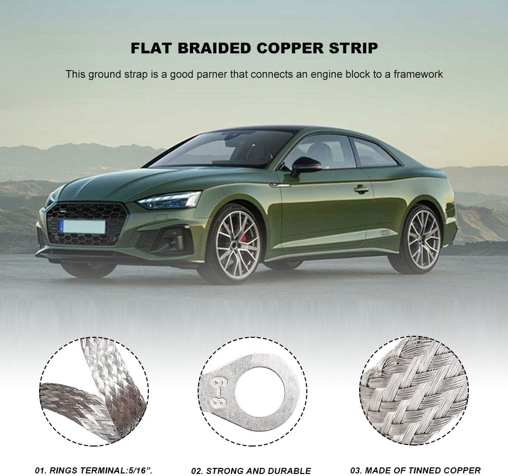 Universal Flat Braided Copper Ground Strap, 3PCS 10"&times;1/2" & 2PCS 13"&times;1/2" Auto Engine Ground Strap, Heavy Duty Flat Braided Tinned Copper Ground Strap Replacement for Most Cars image number 3