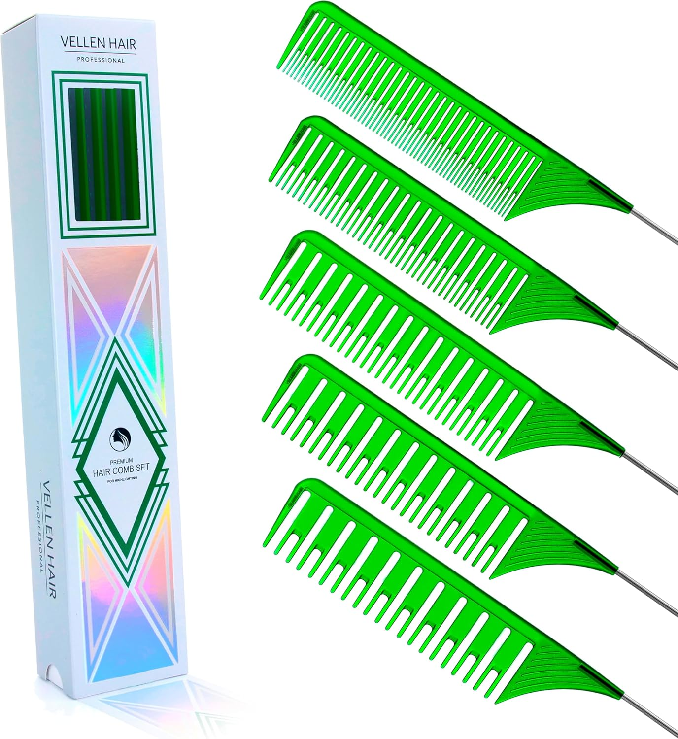 Vellen Professional Hair Highlighting Comb Set &ndash; 5 Sizes for Balayage & Foiling &ndash; Heat Resistant PEI Plastic (220&deg;C) &ndash; Anti-Static, Durable, Chemical Resistant &ndash; Includes Extra Long Stainless Steel Needle &ndash; Stylist & Salon Grade (Mint/Blue, 5Pcs)