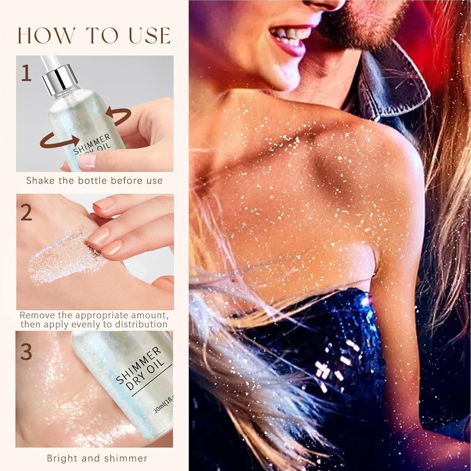 Body Glitter Oil - Sparkly Body Oil Shimmer Oil,Body Glitter Long-Lasting, Shimmering Body Oil, Body Glow Oil Glitter Oil, Highlighter for Body & Face Makeup image number 5