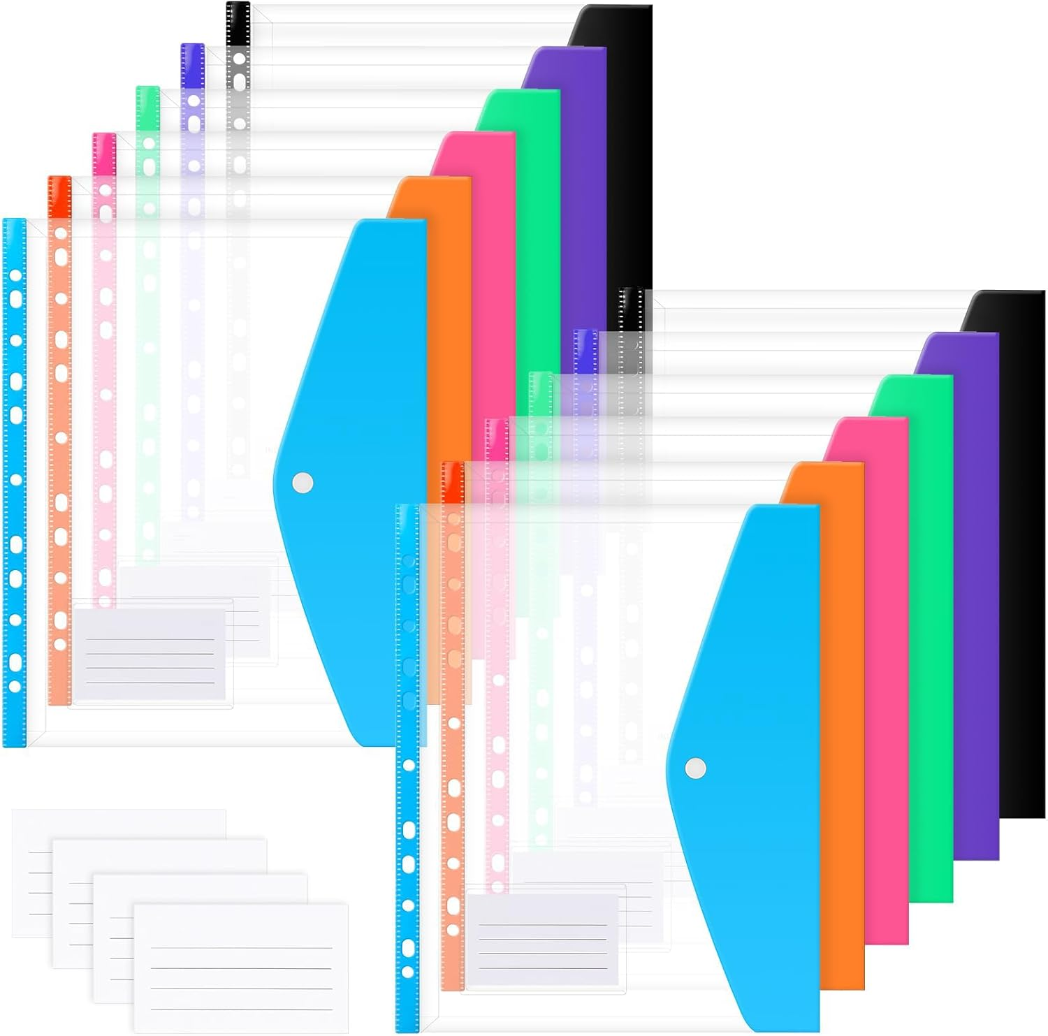 Plastic Wallets A4 Punched Pockets, 12 Pack 11 Holes Expandable Binder Folders for 2/3/4 Ring Document Pouch with Snap Button Label Loose-Leaf Transparent for Office School Home (Assorted Colours) image number 5