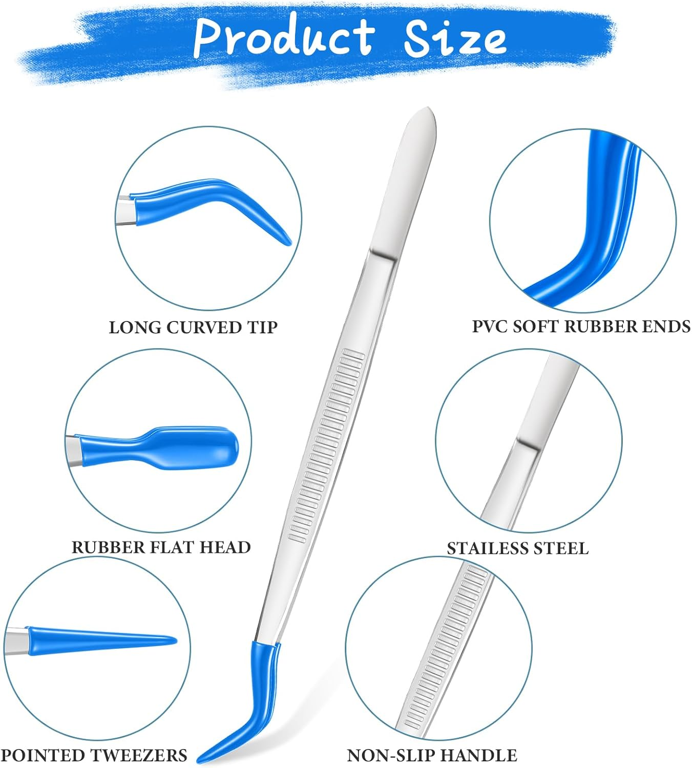 Honoson 3 Pieces Tweezers with Rubber Tips PVC Coated Set Rubber Straight Flat Tip Long Bent Tweezers for Crafts Stamps Beads Jewelry Tools(Blue) image number 6