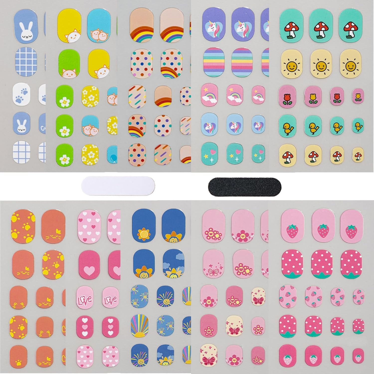 PQCLXUYA 10 Pcs Colorful Kid Nail Stickers Full Nail Wraps for Kids Girls 3D Self Adhesive Nail Strips Including Rainbow Cat Rabbit Flower Strawberry Heart Sun with 2Pcs Nail Files for Age 8 and Older image number 1