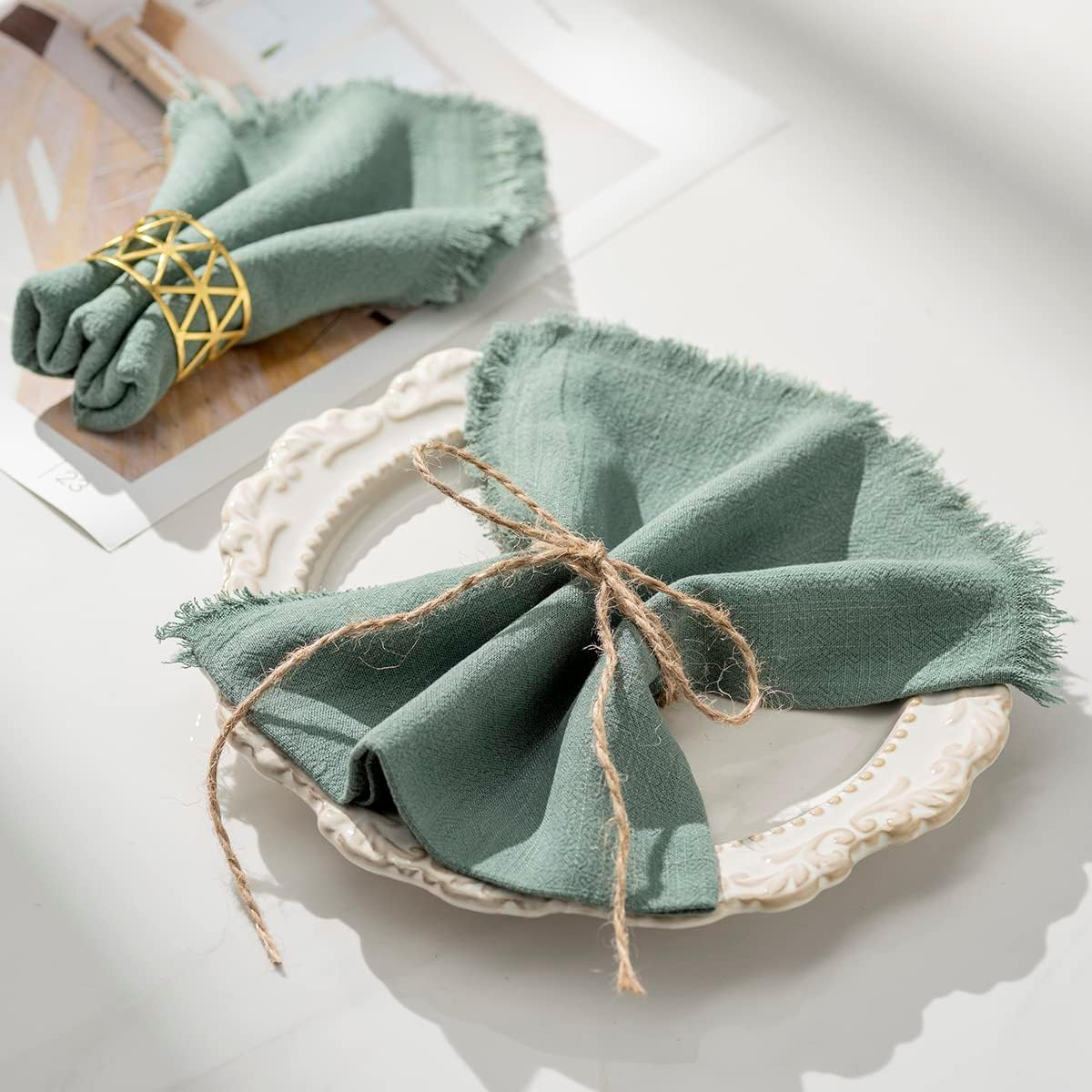 CHUQING Green Cotton Linen Napkins with Fringe Cloth Napkins Cloth Set of 4 Boho Table Dinner Napkins 18 X 18 Inch image number 3