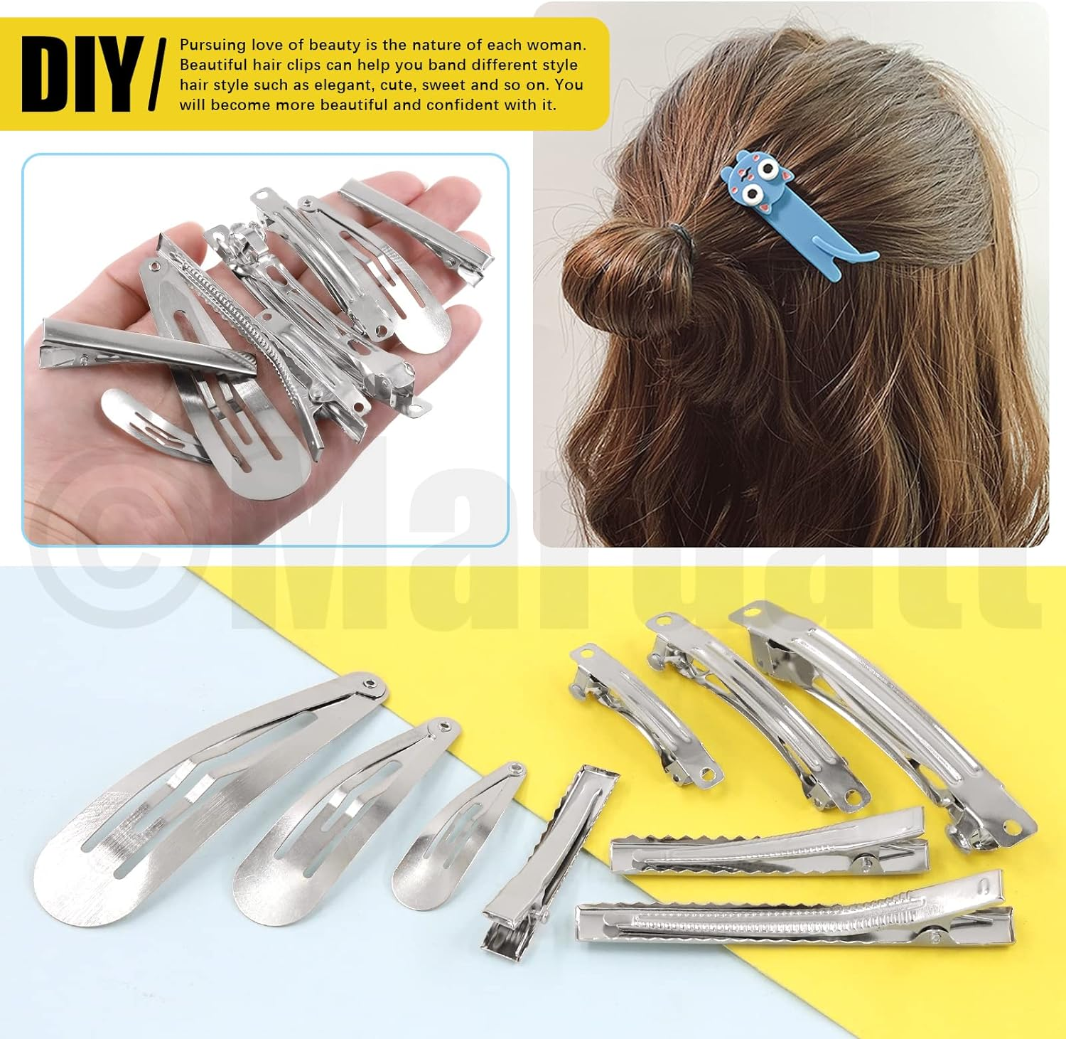 Mardatt 180 Pcs 9 Style Metal Hair Clip Assortment Set Silver Snap Hairpin French Blank Barrettes Single Prong Pin Curl Sectioning Clips Accessories for DIY Hairdressing Making Hair Care image number 1