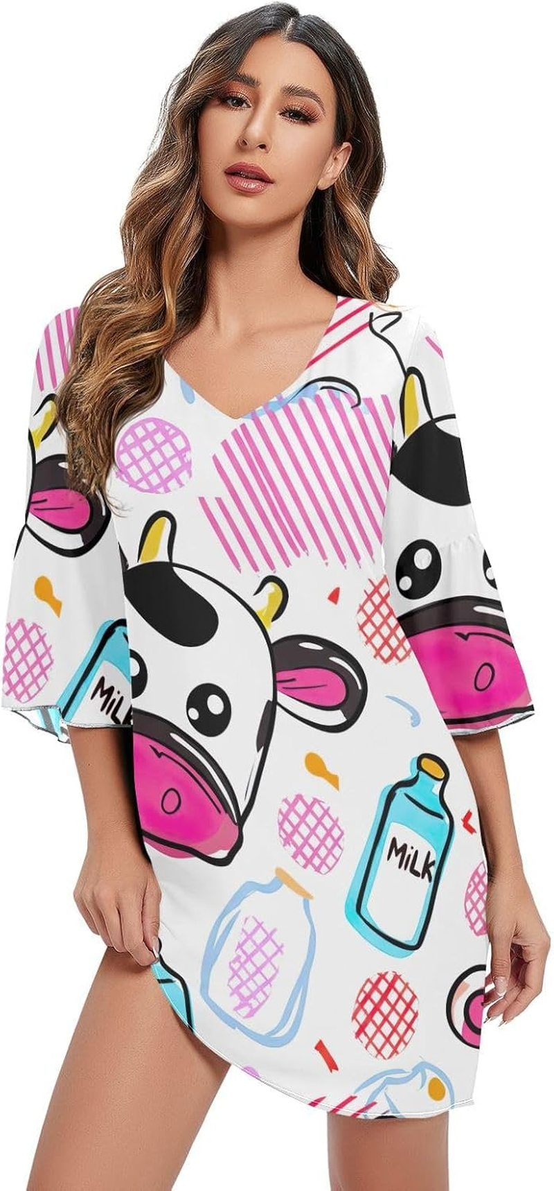 Adorable Cow Pink Casual V Neck Dress Printed Line Maternity Dress S-XXL image number 5