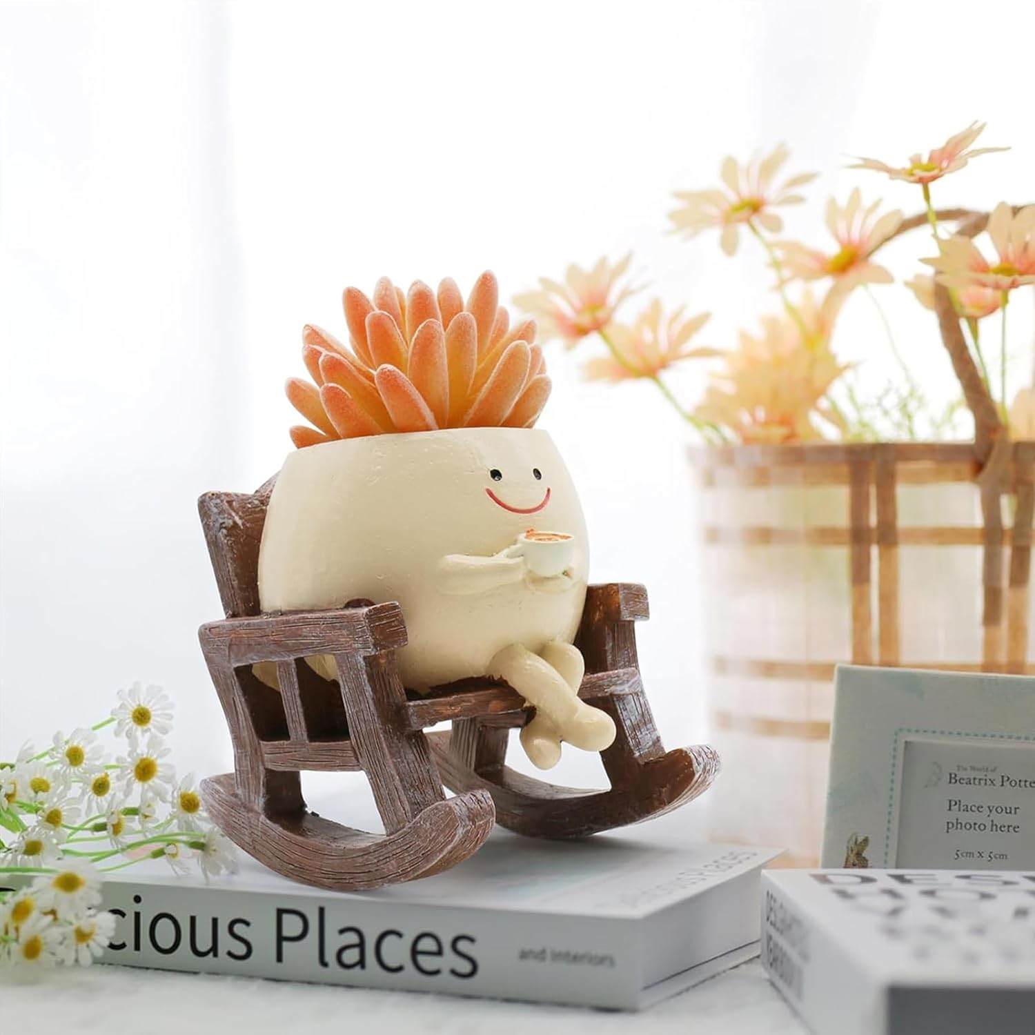 Swinging Smiley Face Plant Pot,Cute Coffee Plant Pots for Indoor Outdoor,Cute Head Resin Rocking Chair Plant Pots,Rocking Chair Succulent Flower Pots with Drainage Hole, Gift Ideai for Birthday