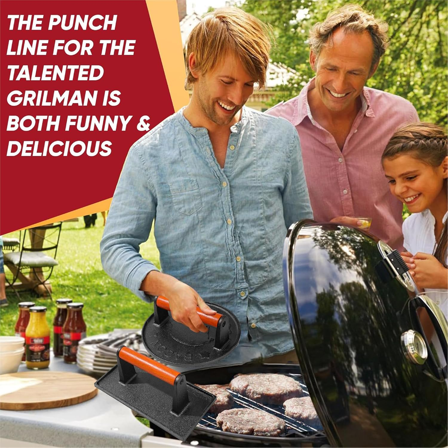 OMGWYSIWYG Burger Press Professional Heavy Duty Cast Iron Hamburger Smasher Tool for Blackstone Griddle Grill,Smashburger, Bacon, Ground Beef Meat, Steak, Sausage, Sandwich Cooking【7.2 Inch Round】 image number 5