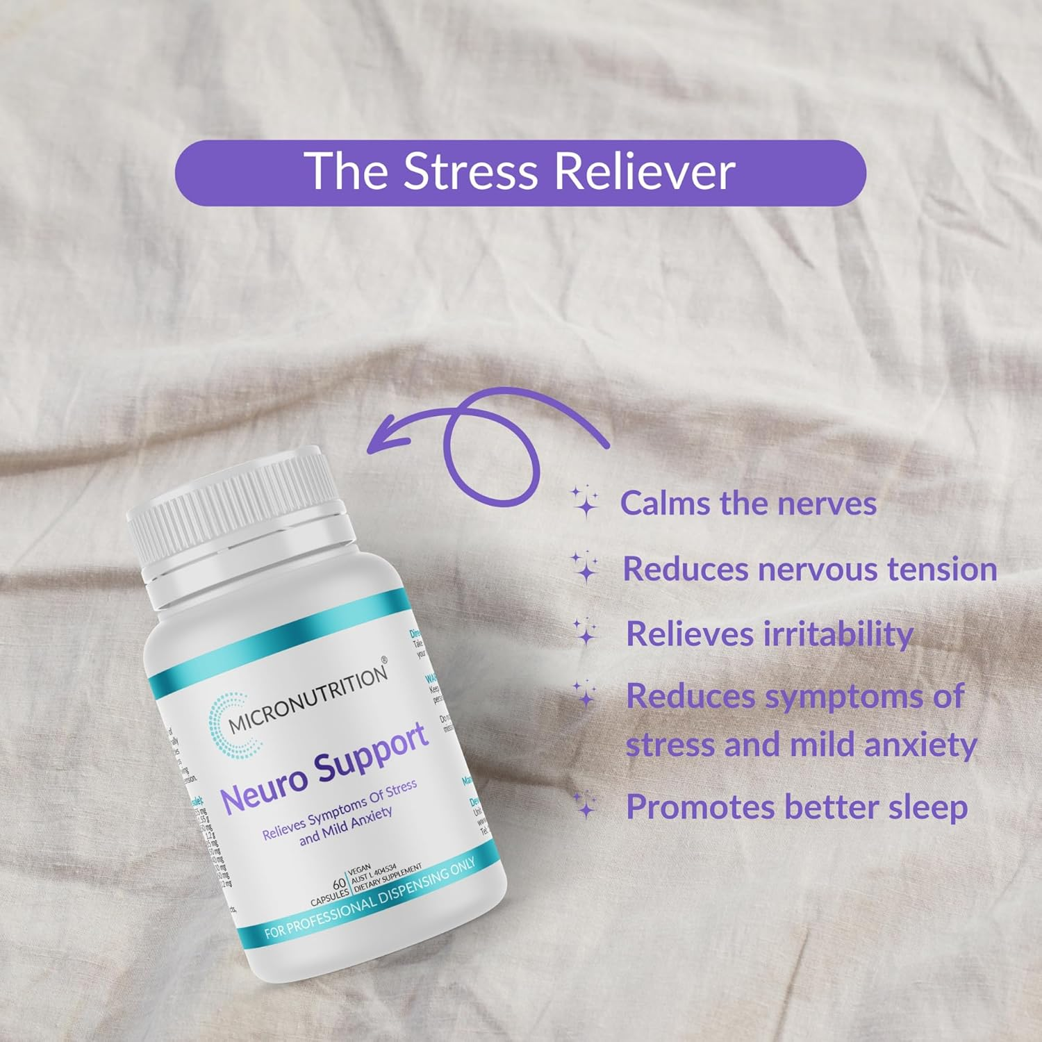 Neuro Support - Herbal Supplement for Mild Anxiety & Stress Relief, Sleep & Brain Function - Passionflower, Magnolia, Ziziphus, Kudzu, Magnesium Glycinate - Vegan - 60 Vege Caps - MICRONUTRITION image number 1