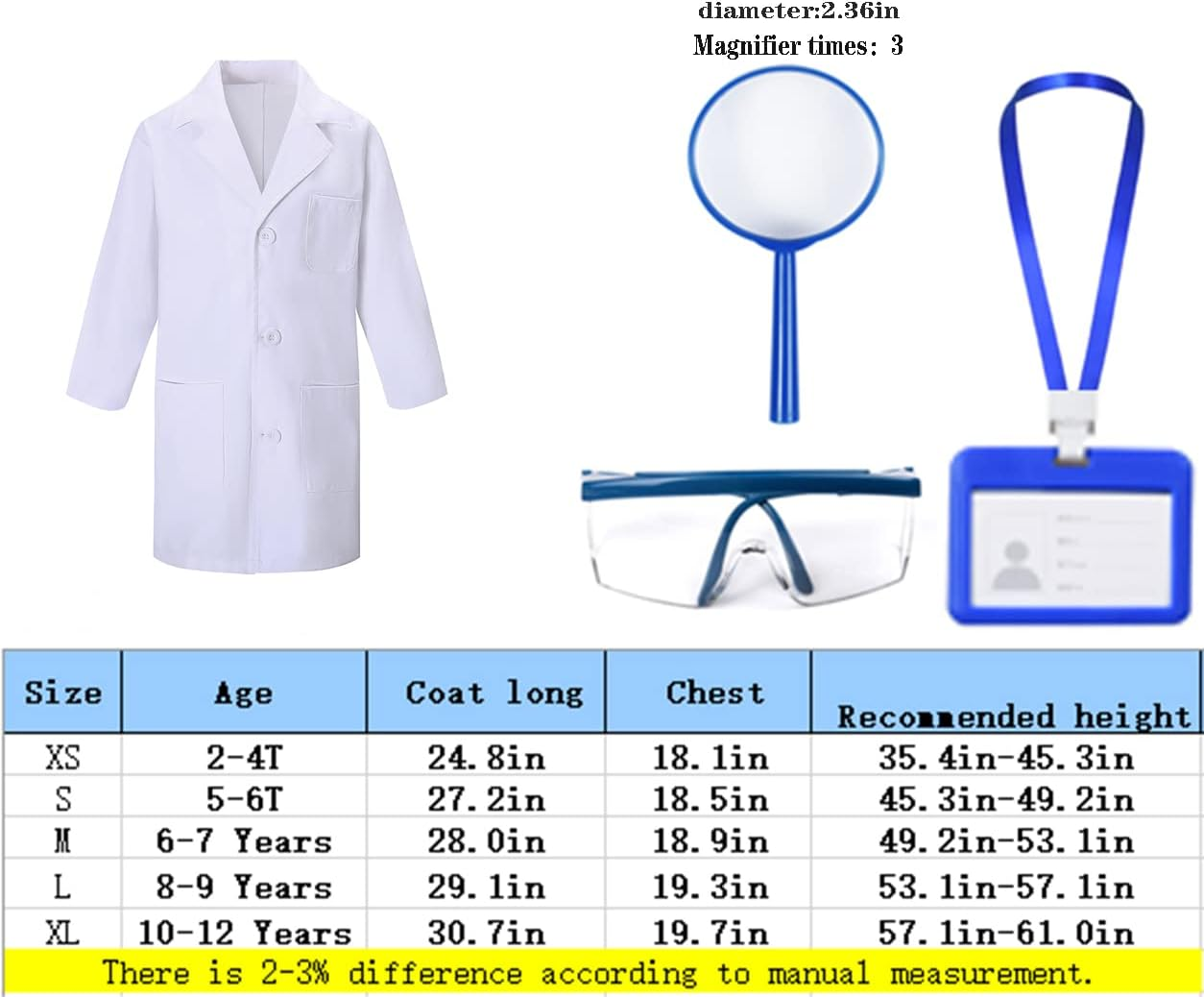 TOGROP 4Pcs Doctor Scientist Lab Costume for Kids Role Play Thick White Coat Birthday Party Gift 2-12 Years image number 5