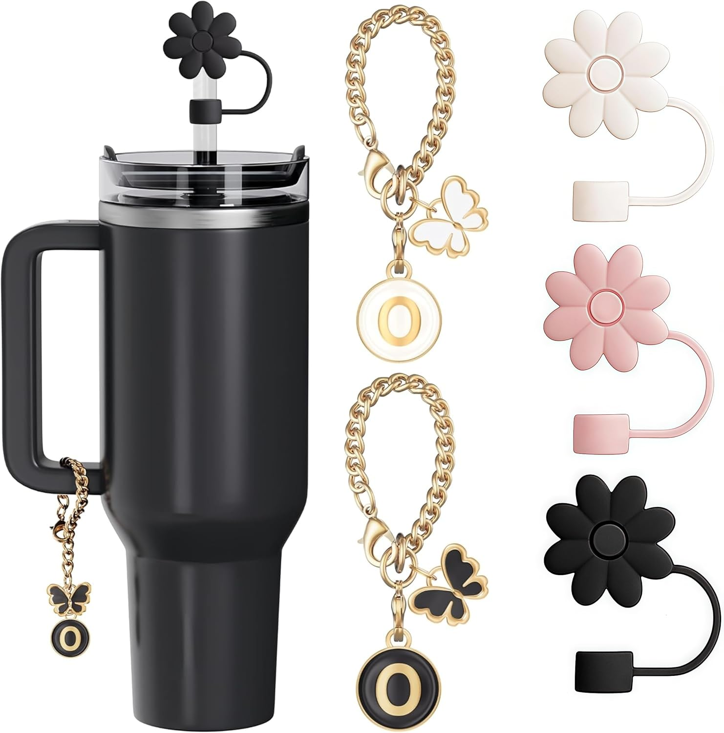 3PCS Straw Cover Cap for Stanley Cup 30&40 Oz 10Mm Reusable Straw Topper with 2PCS Stanley Cup Accessories Butterfly Initial Personalized Letter Charms Name ID Charm for Stanley Tumble (Letter Q) image number 2