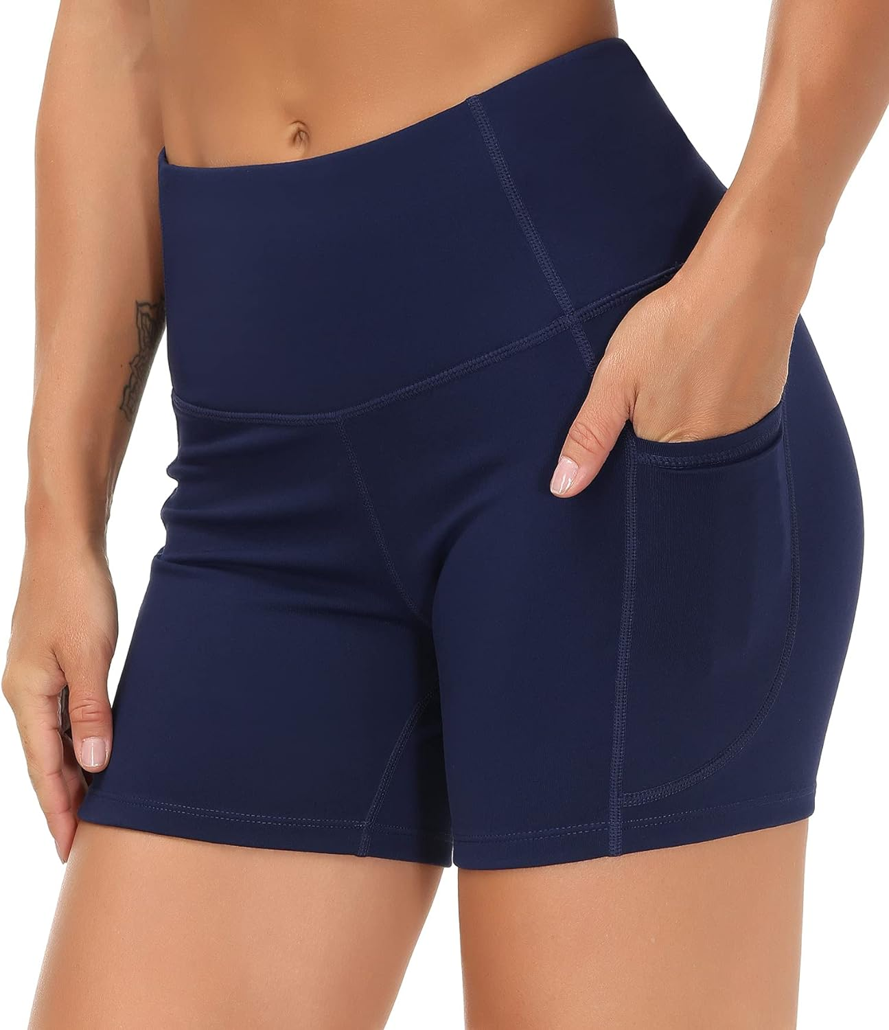 THE GYM PEOPLE High Waist Yoga Shorts for Women'S Tummy Control Fitness Athletic Workout Running Shorts with Deep Pockets image number 5