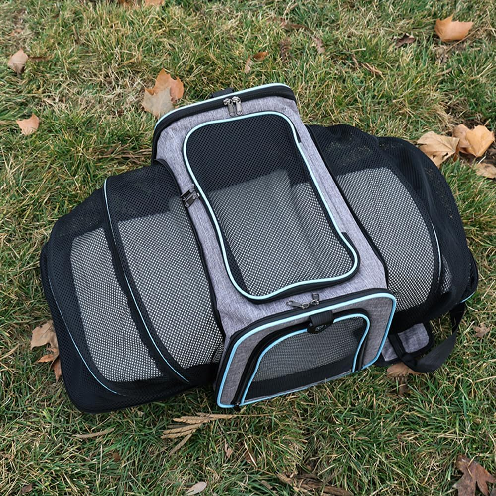 Expandable Pet Carrier, Hand-Held Foldable with Mesh Pocket, Large Capacity Pet Travel Bag with Fleece Pad, Suitable for Kittens, Rabbits, Puppies and Small Animals. (Gray Blue) image number 5