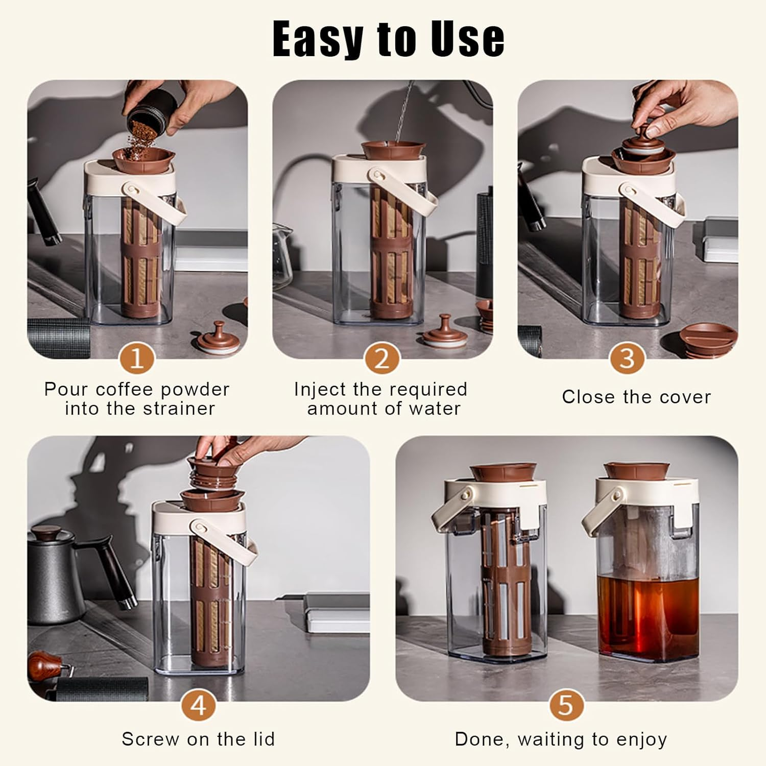 QUSHEJIAND Cold Brew Coffee Maker,Iced Tea and Coffee Jar Pitcher with Filter 1L Large Capacity Portable Cold Water Kettle for Homemade Brew Iced Coffee Lemonade Beverage image number 5