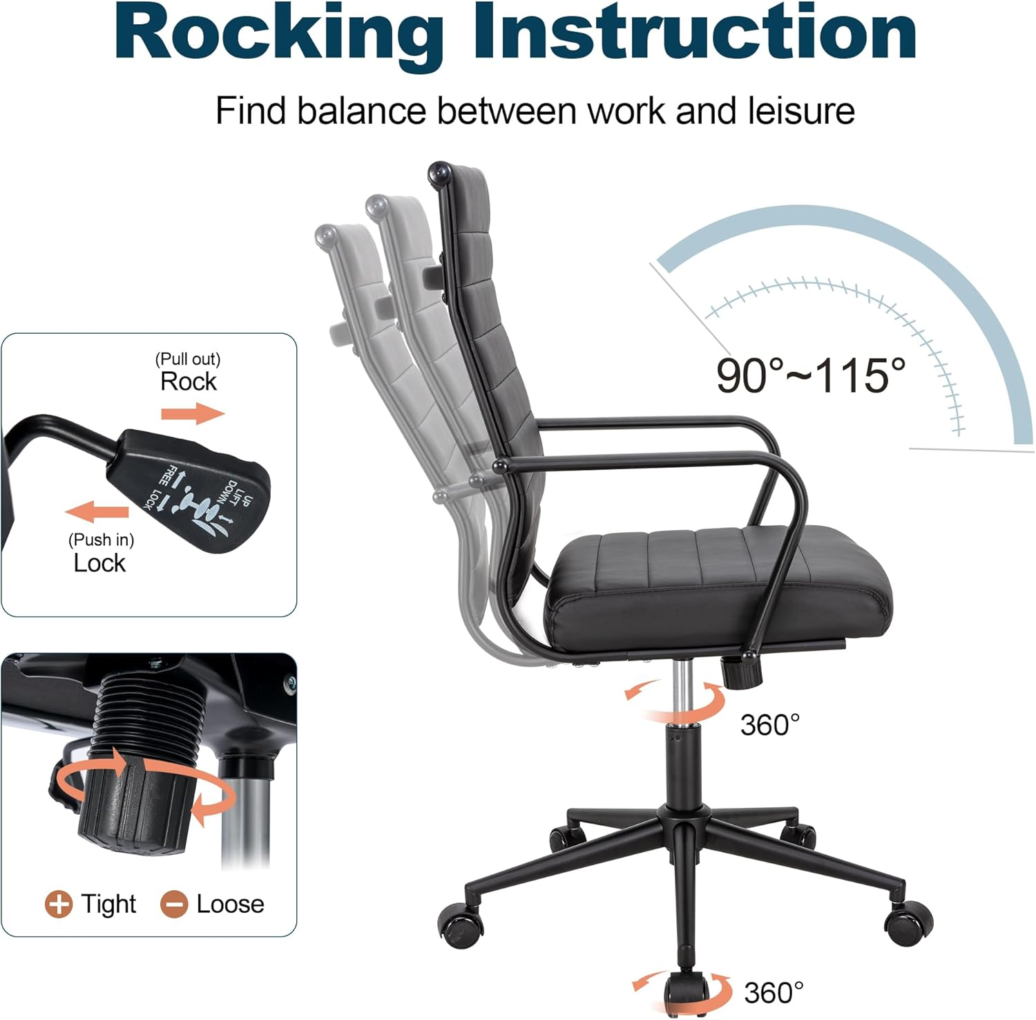 Okeysen Office Desk Chair, Ergonomic PU Leather Modern Conference Room Chairs, Executive Ribbed Height Adjustable Swivel Rolling Chair for Home Office (Black with Black Frame) image number 3