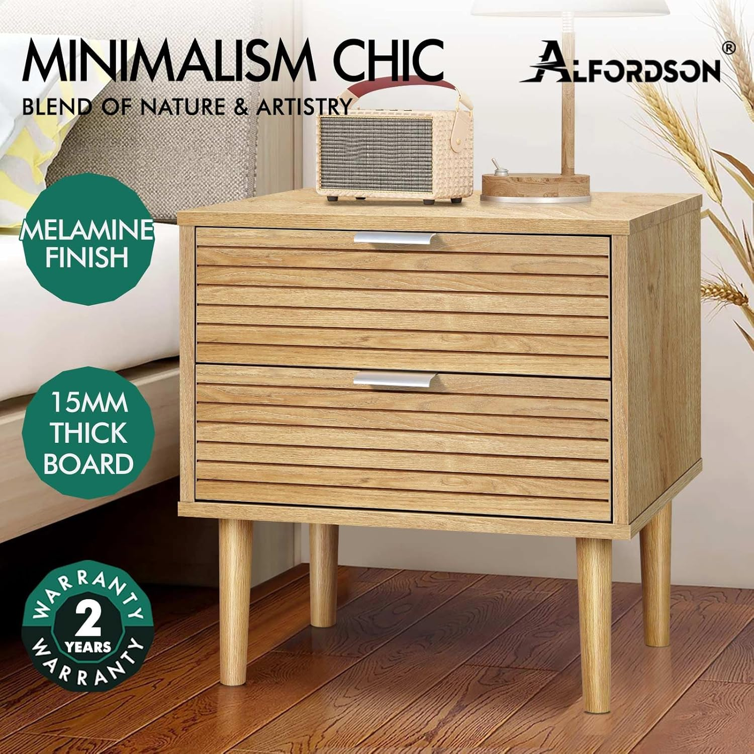 ALFORDSON Bedside Table 2-Drawer Nightstand, 48X 40X 52Cm, Side Cabinet Chest Table for Hallway, Bedroom and Living Room, Wooden Organiser Storage with Slatted Front (Wood Color) - Blackx2 image number 2