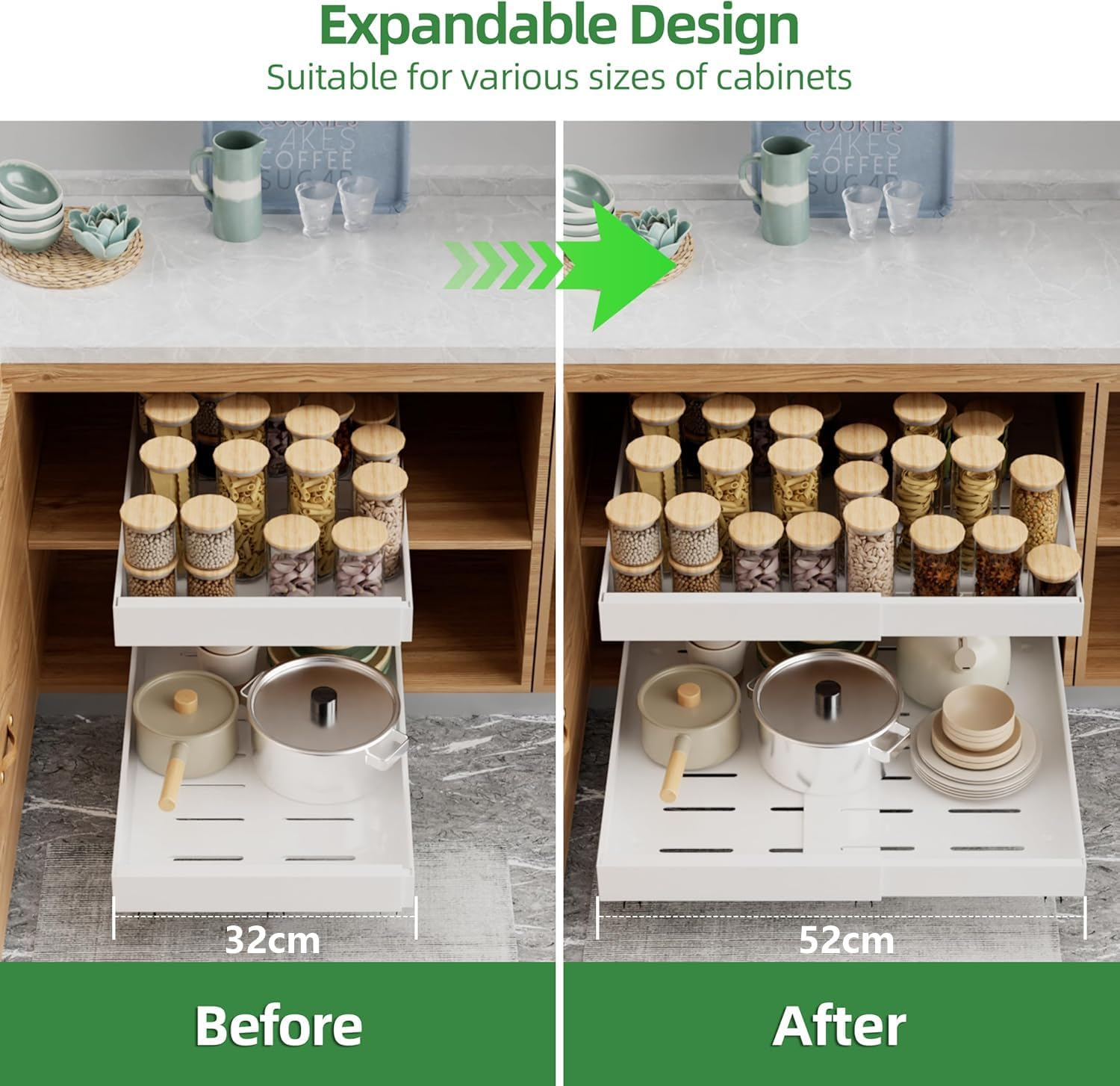 2 Pack Pull Out Cabinet Organizer 52Cm Deep, Expandable(32 to 52Cm W) Pull Out Drawers for Cabinets Adhesive with Film, No Drill Slide Out Drawers for Kitchen Cabinets, White