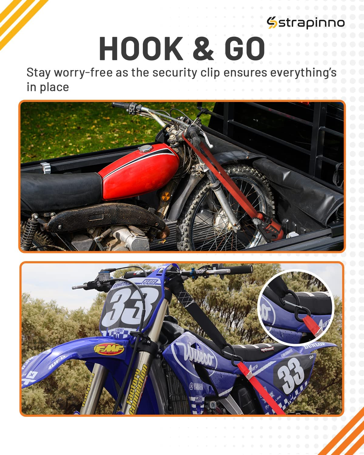 Strapinno Retractable Ratchet Straps - 1 in X 12 Ft Heavy Duty Tie Downs, 1800Lbs Breaking Strength Each, S Hooks with Safety Clip, Autoretract, for Moving, Motorcycle, Boat, Kayak, and Cargo (2) Red image number 5