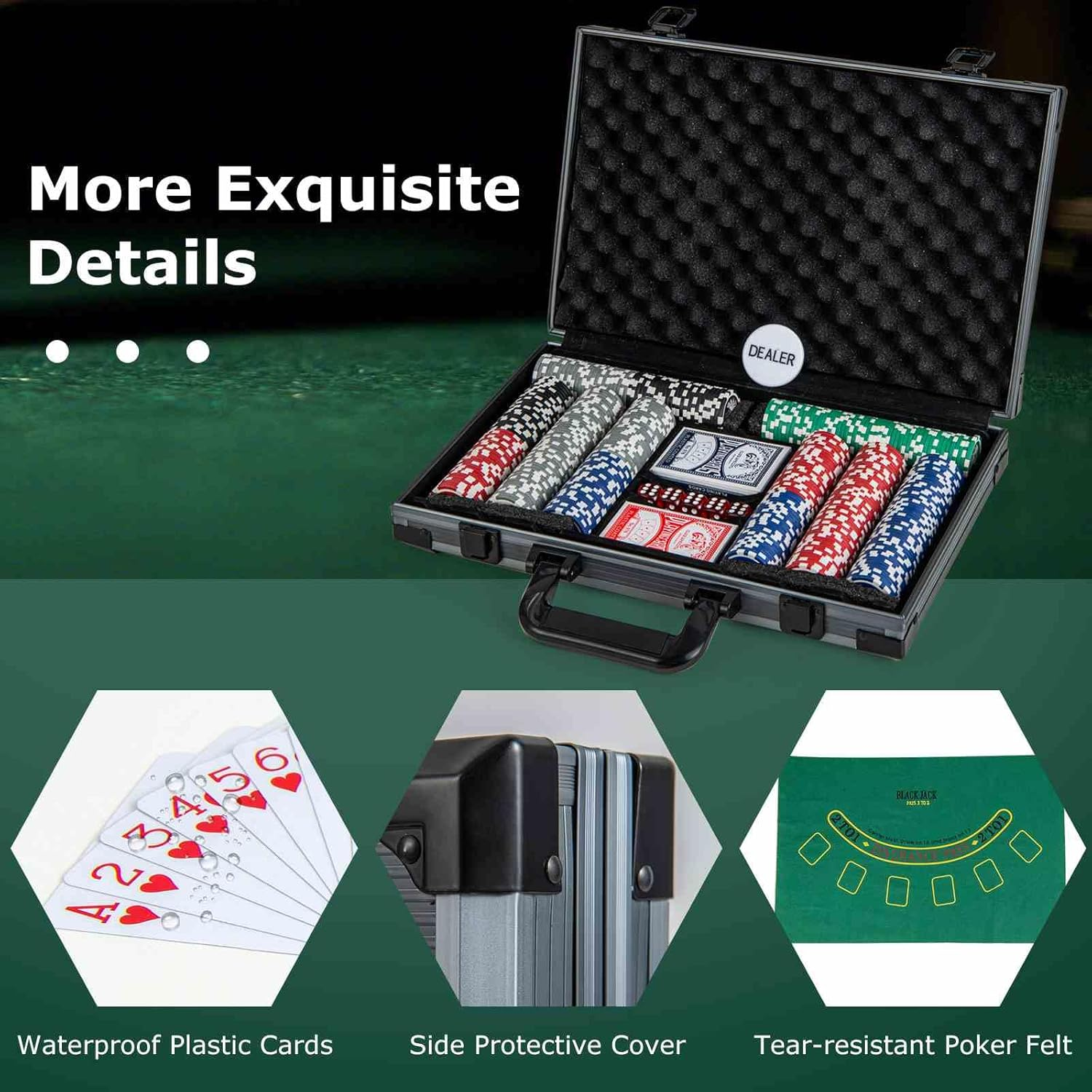 Costway Texas Holdem Poker Chip Set, Casino Poker Chips W/400 Pieces Chips, 2 Deck of Cards & Dealer Button, 5 Dices, Poker Felt, Aluminum Suitcase, Casino Poker Chip Set for Family Night, Travel image number 2