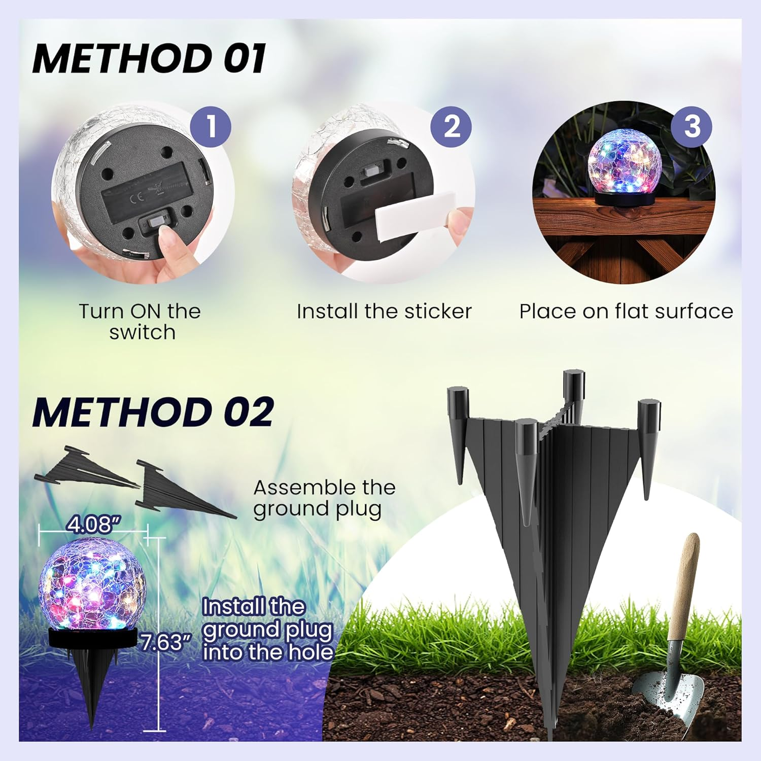 PATIOPIA Solar Lights Outdoor for Yard Patio Porch, Garden Decor Birthday Gifts for Mom Women, Solar Globe Lights Waterproof Cracked Glass Ball Outdoor Decorations Balcony Backyard (2 Pack Multicolor) image number 5