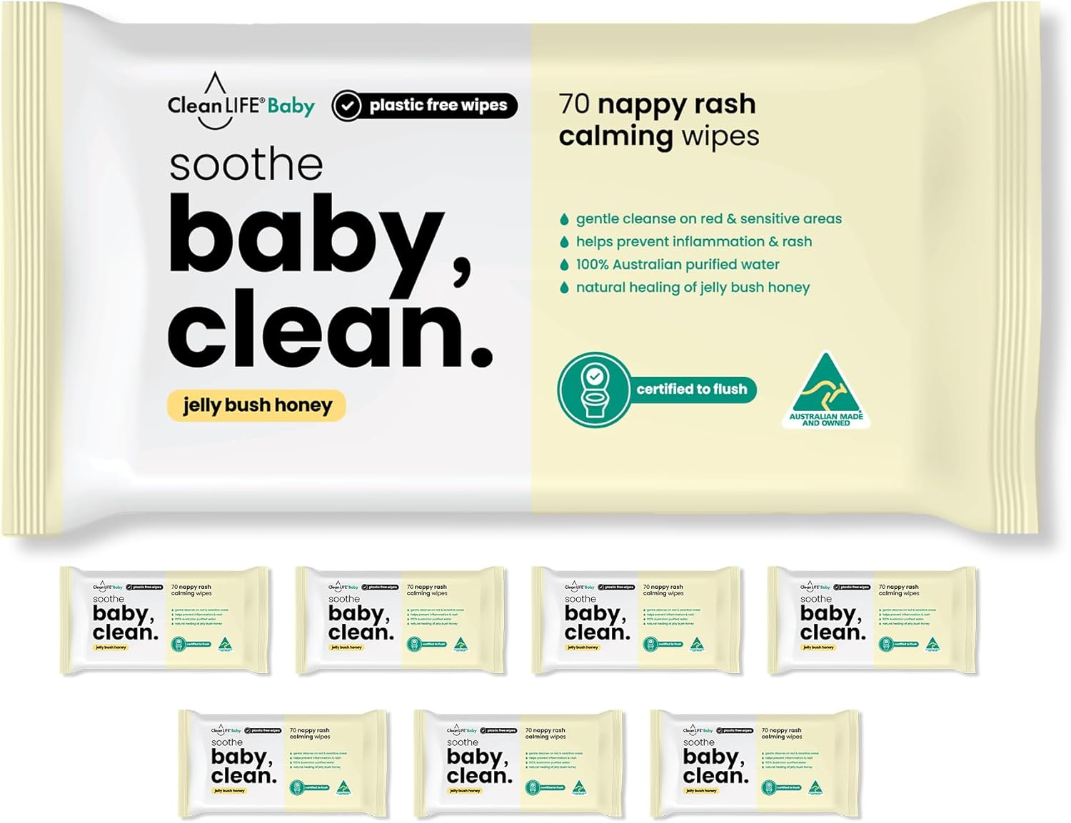 Cleanlife Baby Wipes Flushable &ndash; Jelly Bush Honey Soothes Nappy Rash, Sensitive Skin, Plant-Based, Biodegradable, 70 Wipes, 8-Packs image number 1