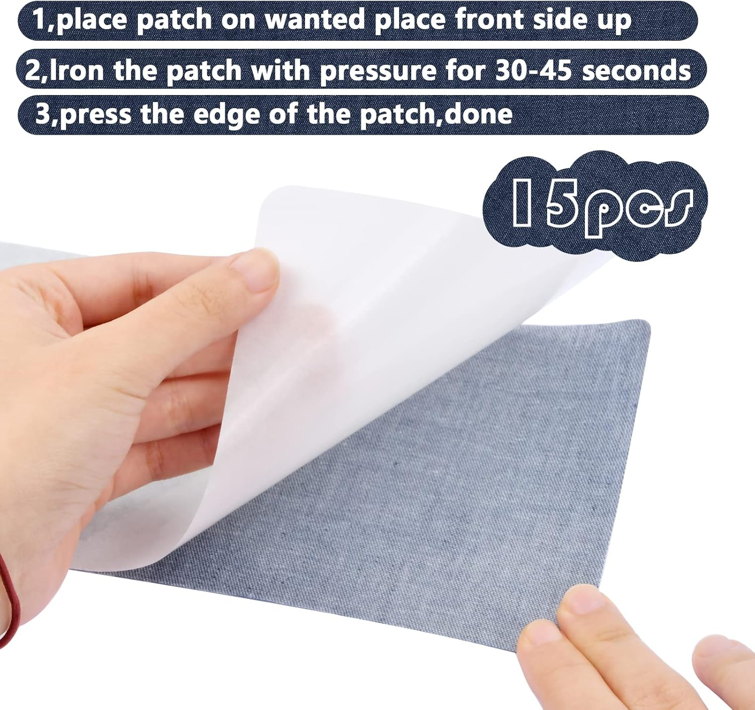 Pack of 15 Iron-On Patches, Large Iron-On Patches, 28 X 12.5 Cm, Cotton Patches, Iron-On Patches, Denim Patches, Repair Kit in 5 Colours for Clothes Jeans Bag image number 4