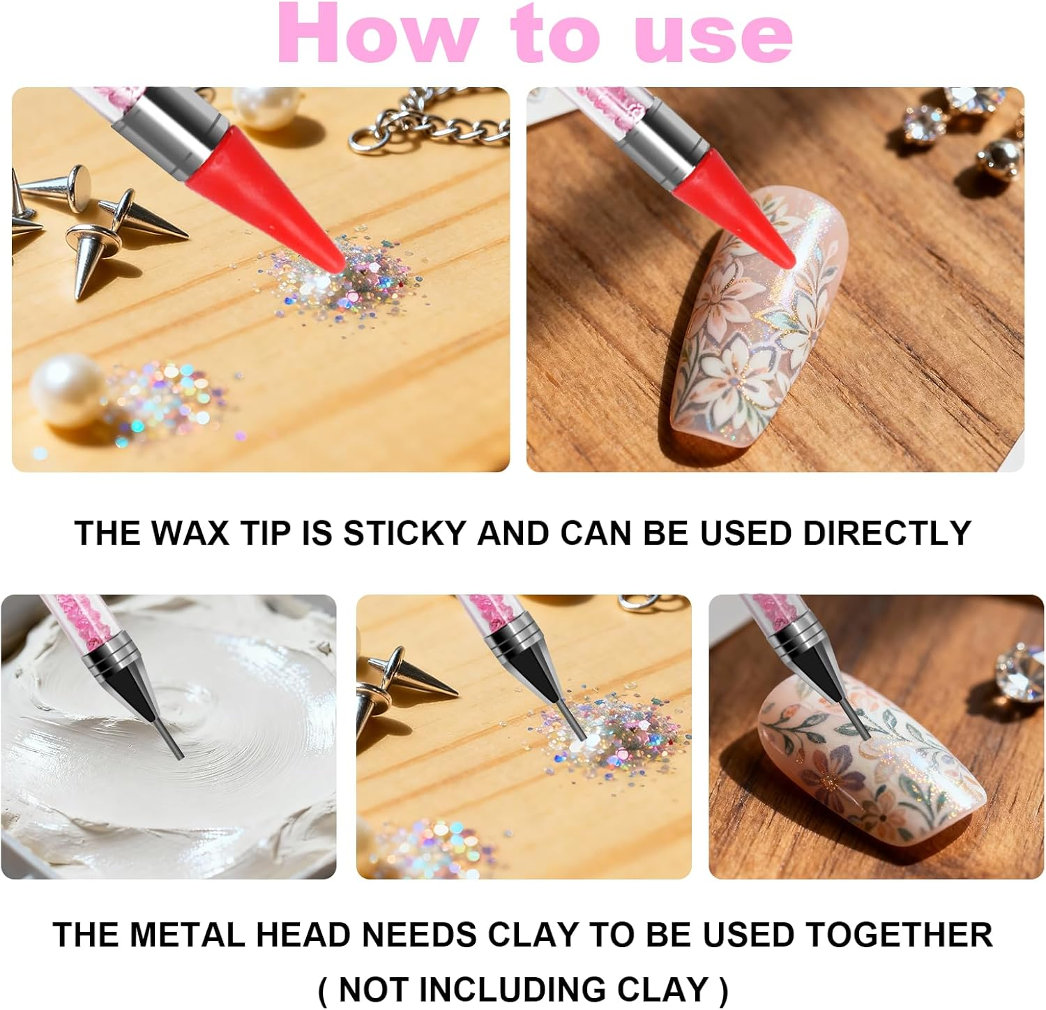 TNSLAND 2 X Acrylic Rhinestone Picker Dotting Pen Dual Ended Gemstones with 4 Wax Heads, Nail File and 1 Tweezers, Nail Rhinestones Picker Dual-Ended Wax Pen for Nail Art & DIY Jewellery image number 1