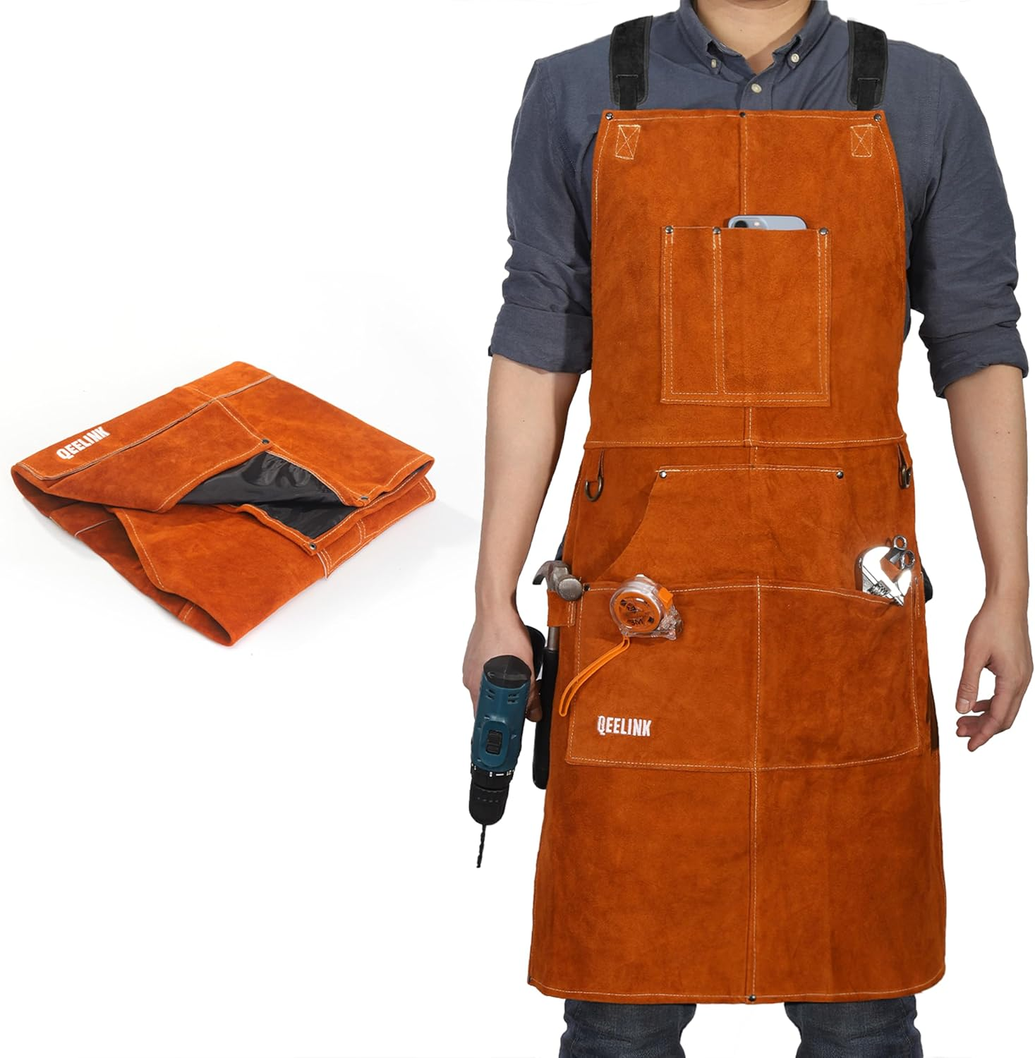 Qeelink Leather Welding Work Apron with 6 Tool Pockets, Heat & Flame Resistant Apron, 24" X 36", Adjustable M to XXXL image number 1