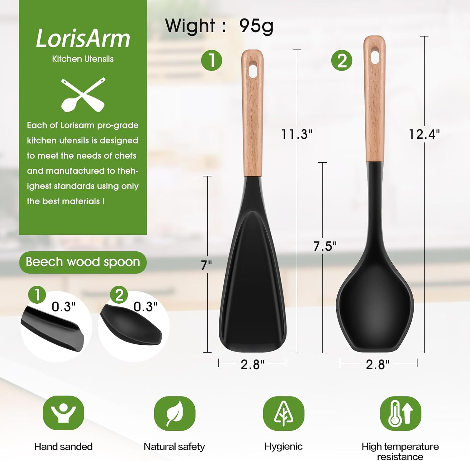 Lorisarm Large Cooking Spoons for Serving. 11.2" Nonstick Silicone Spoonula with Wooden Handle, Heat Resistant Rubber Serving Spoon for Baking,Scooping and Scraping. image number 4