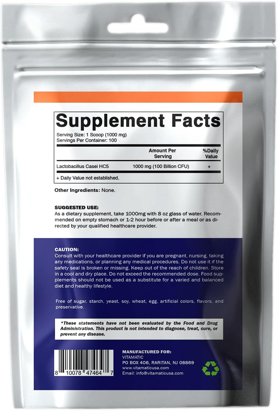 Vitamatic Lactobacillus Casei Probiotic Powder - Digestive Health Support - 100 Gram (3.5 OZ) - 100 Servings image number 1