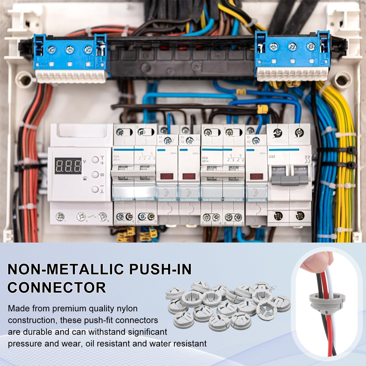 36Pcs Push-In Cable Connectors, 3/8 Inch Trade Size Plastic Push-In NM Cable Clamps Connector Non-Metallic Electrical Box Wire Inserts Button for 1/2 Inch Knockouts (Gray) - Black image number 2