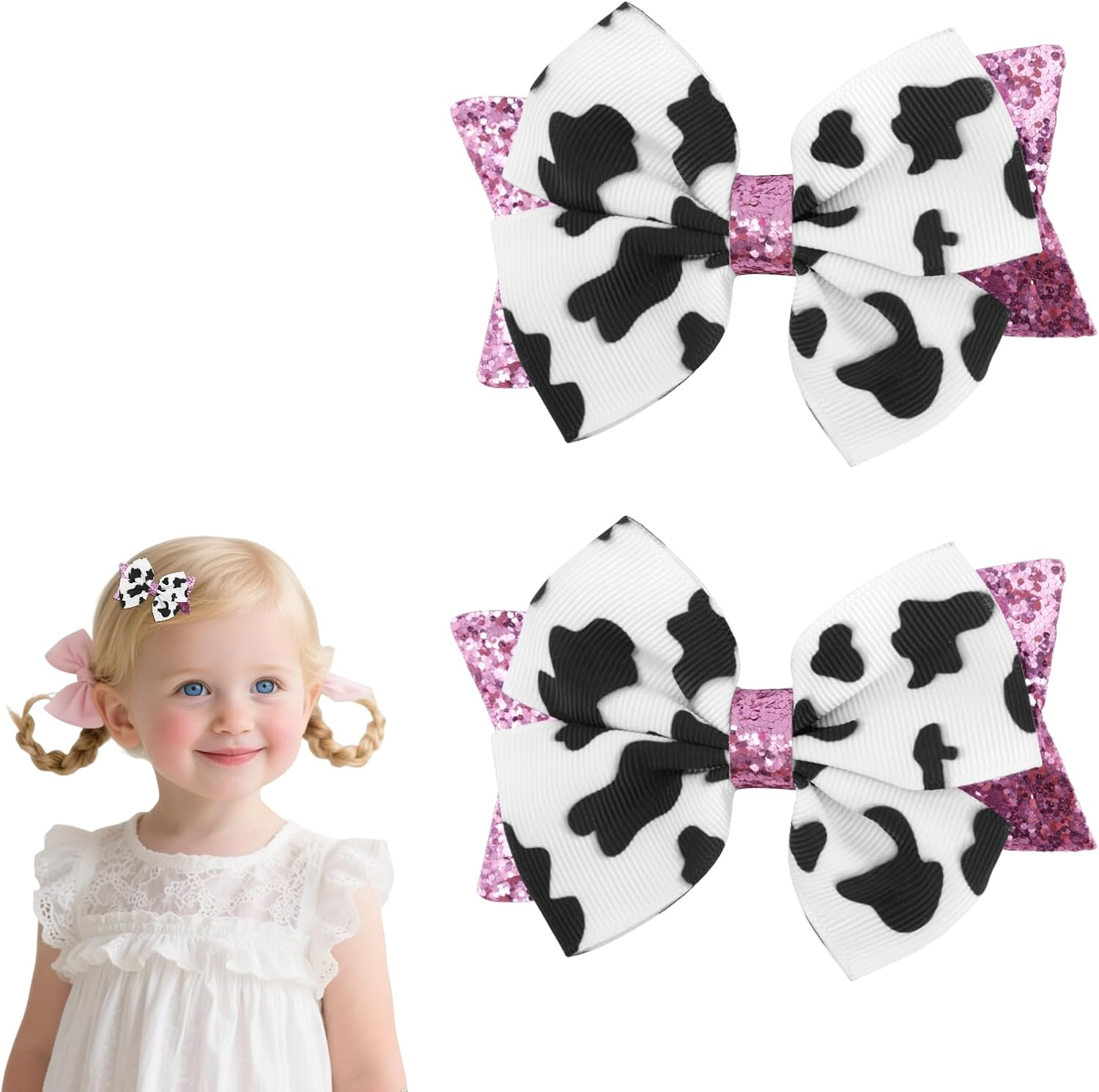 2Pcs Moo Cow Print Hair Bows, Cute Hair Bow Clips Pink Sequins Cow Print Clips Farm Animal Themed Accessories for Girls Women image number 1