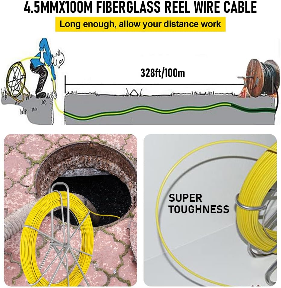 ALSTON Fiberglass Cable Puller, 4.5Mm 100M Fish Tape Fiberglass Wire Cable Running Rod Duct, Fish Tape Puller Conduit Puller Wire Cable Rodder Snake Copper Guiding Wire Reel Stand image number 5