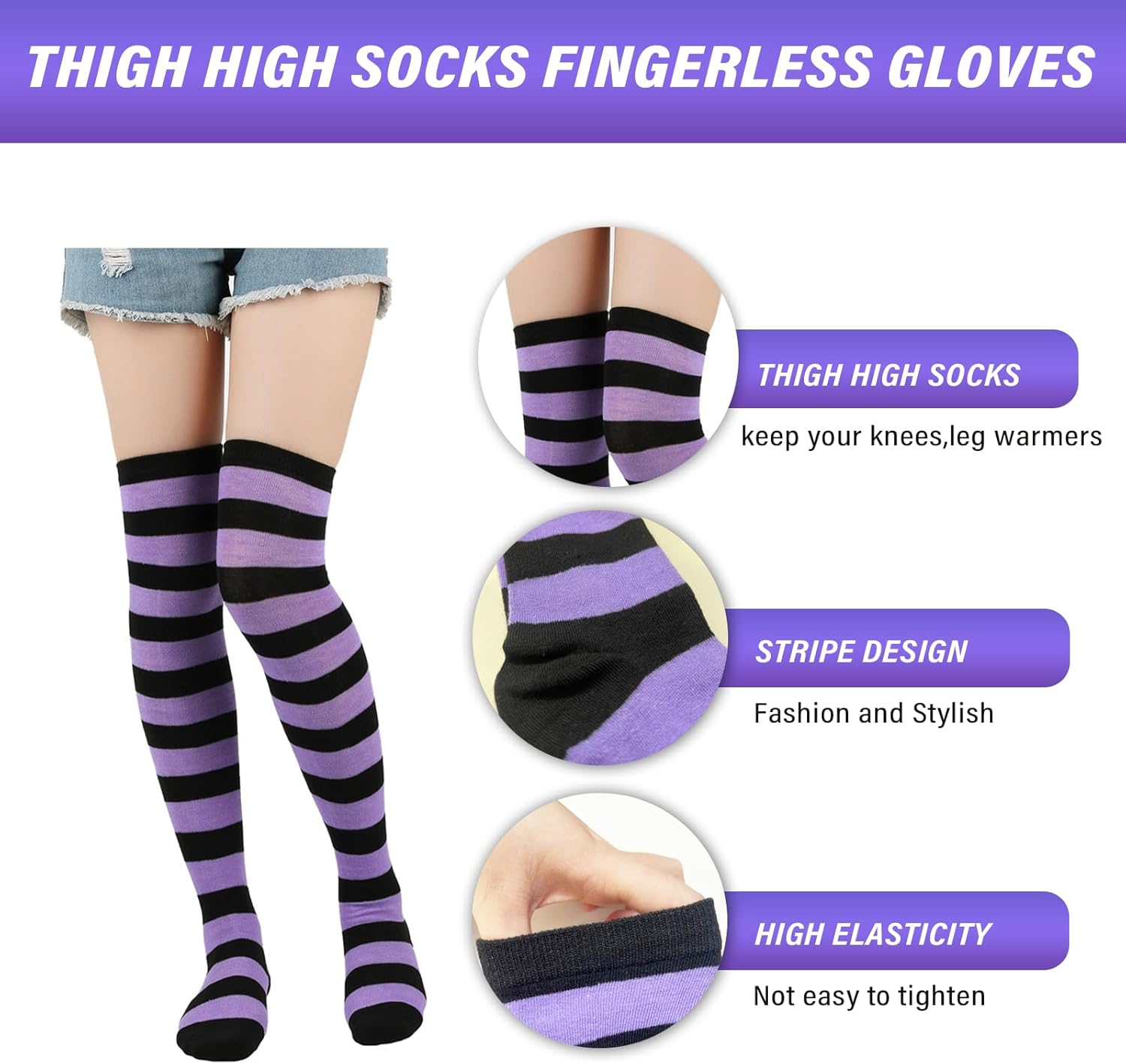 1 Thigh High Socks with 1 Fingerless Gloves,Cute Stripe Long Knee High Socks, Funny Soft Leg Warmers for Novelty Party Halloween Cosplay Stage image number 4