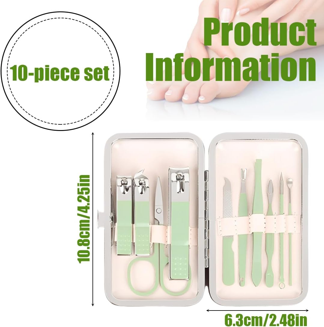 FIMWOLZ 10 Pcs Nail Clippers Set Portable 10 in 1 Manicure Set for Travel Complete Professional Nail Care Tool (Green)