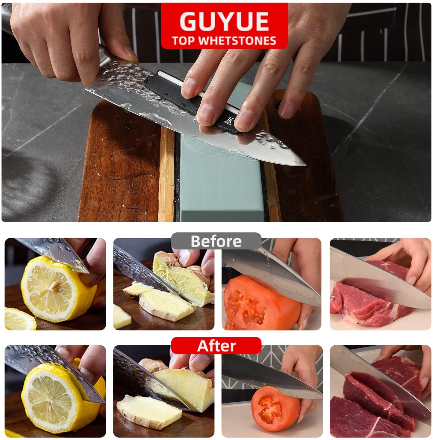 GUYUE Professional Knife Sharpening Stone Set,Professional Whetstone Sharpener,Premium 4 Side Grit 400/1000 3000/8000 Water Stone,Flattening Stone,Non-Slip Bamboo Base,Chisel Honing Guide. image number 3