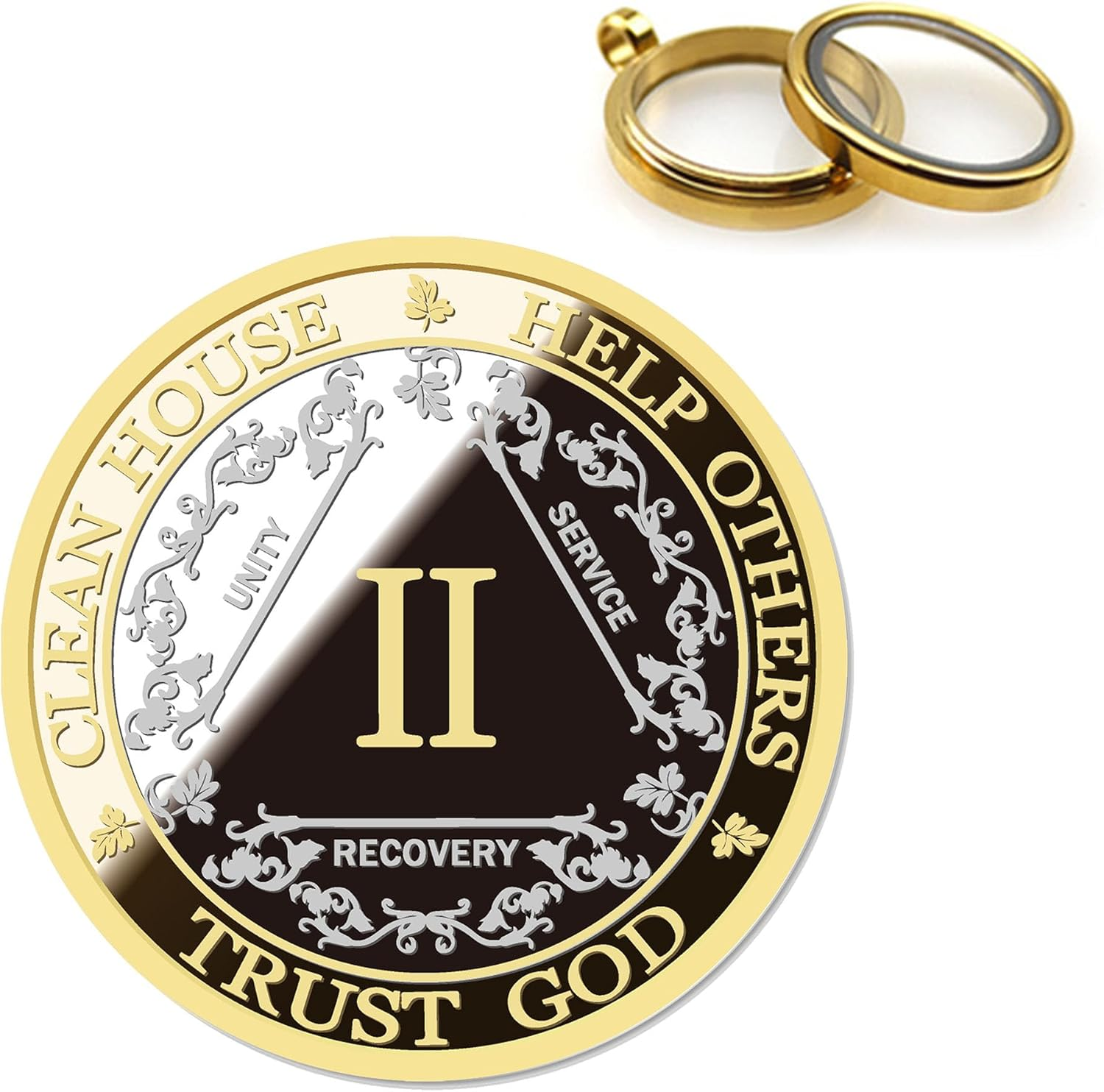 Affirmation Sobriety Coin Gift Set | Silver & Gold AA Chip Medallion with Token Capsule, Stand & Card | Sobriety Gifts for Anniversary Month & Year for Men & Women in Recovery (Two Years) image number 1
