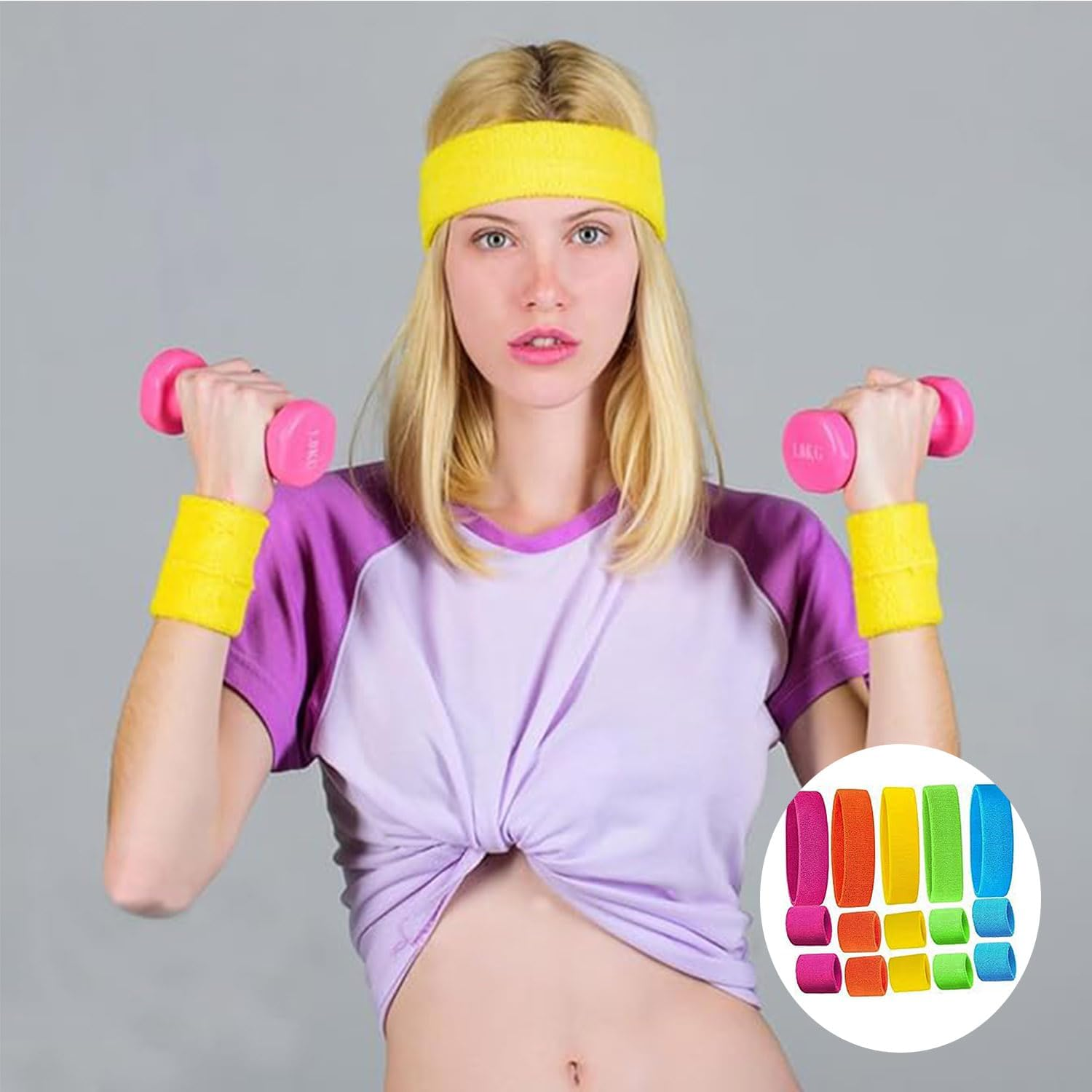 Roczential 15 Pieces Neon Sweatbands Set, Water Absorbent 5 Headbands and 10 Wristbands, Gym Terry Elastic Moisture Wicking Sweatbands for Men and Women Parties (5 Colors) image number 4