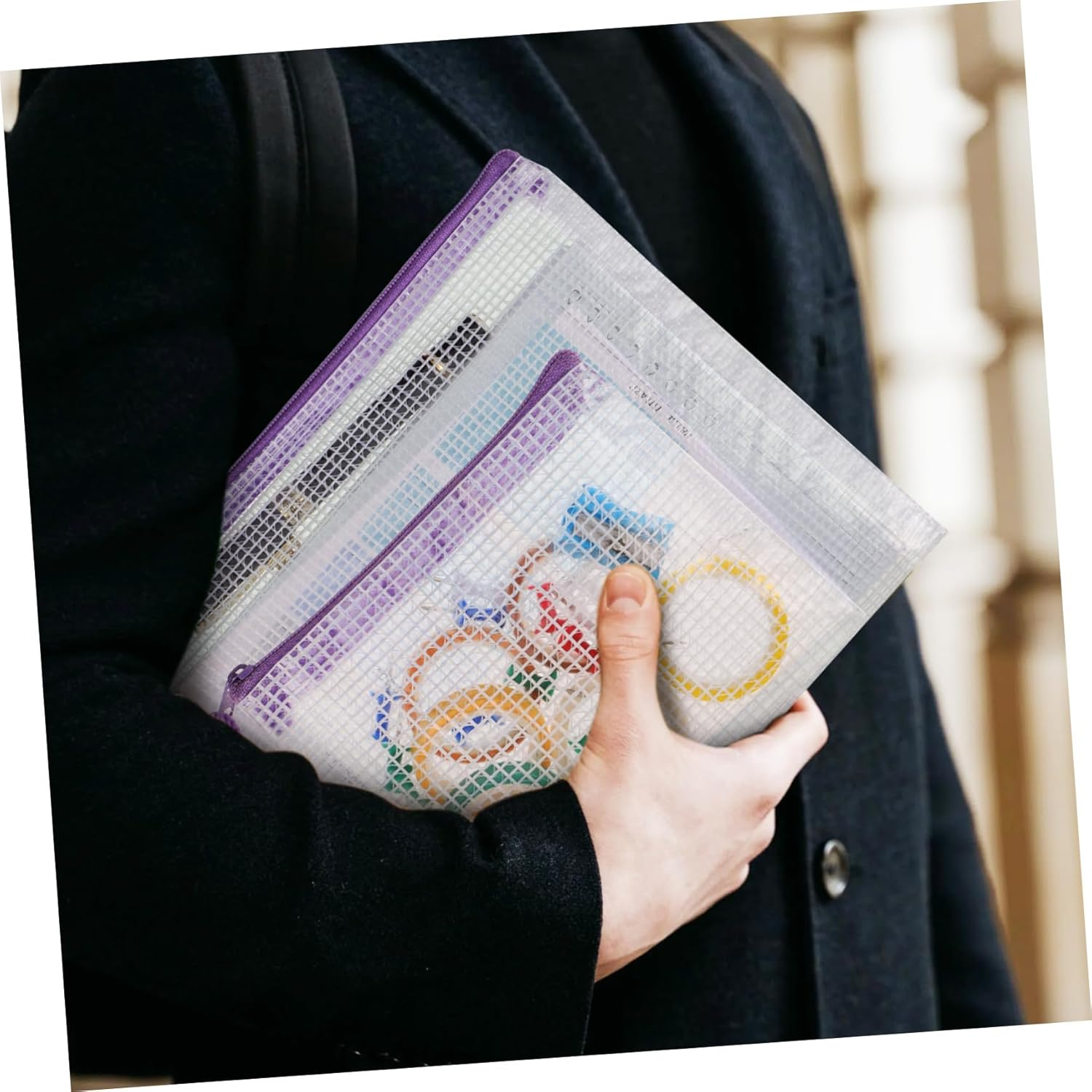 TIDTALEO 32Pcs Mesh Zipper Pouch Transparent Document Wallets with Purple Zippers and White Mesh Body Multi Organizer Bags for Stationery Travel Office Supplies Portable and Lightweight image number 1