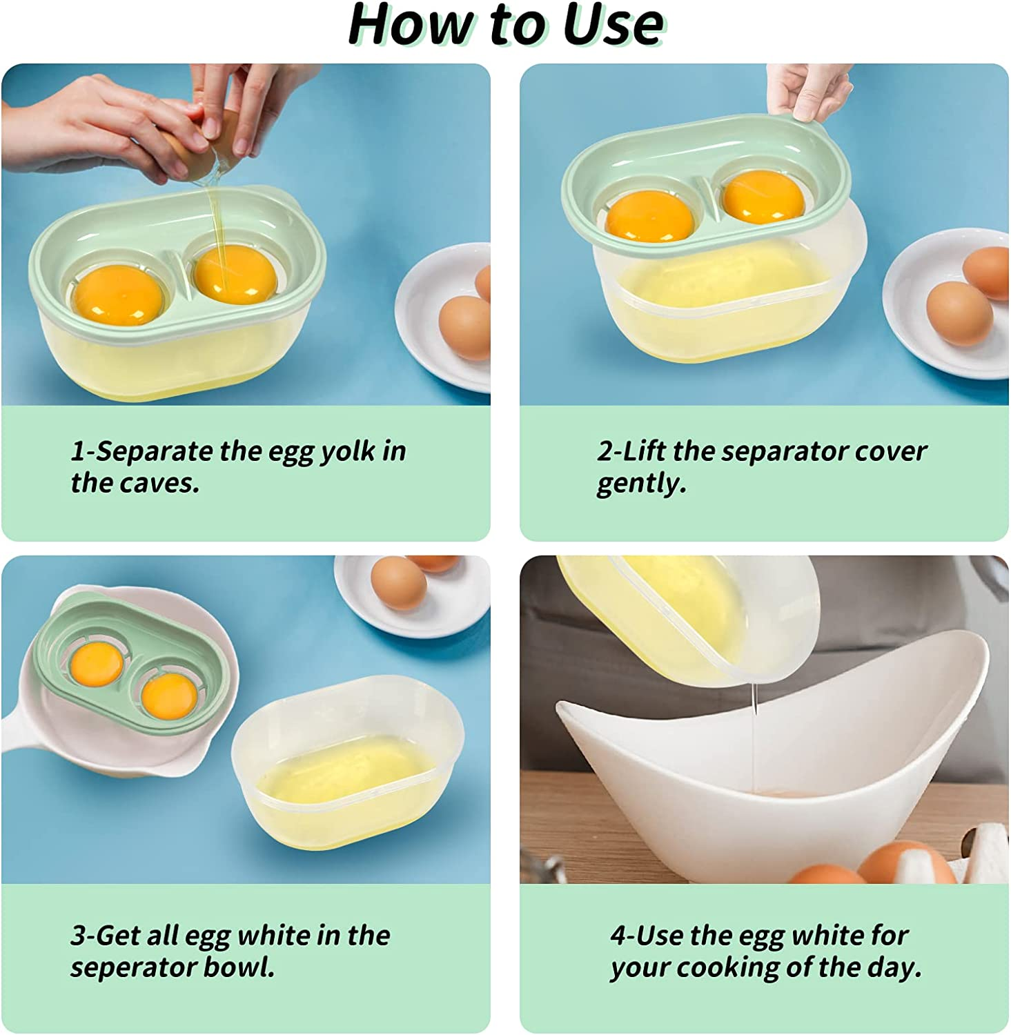 Egg White Separator with Egg Beater, Egg Separator for Raw Egg, Egg White Filter Storage Box Food Grade Level Kitchen Gadgets Egg Separator for Kitchen Cooking - Blue image number 2