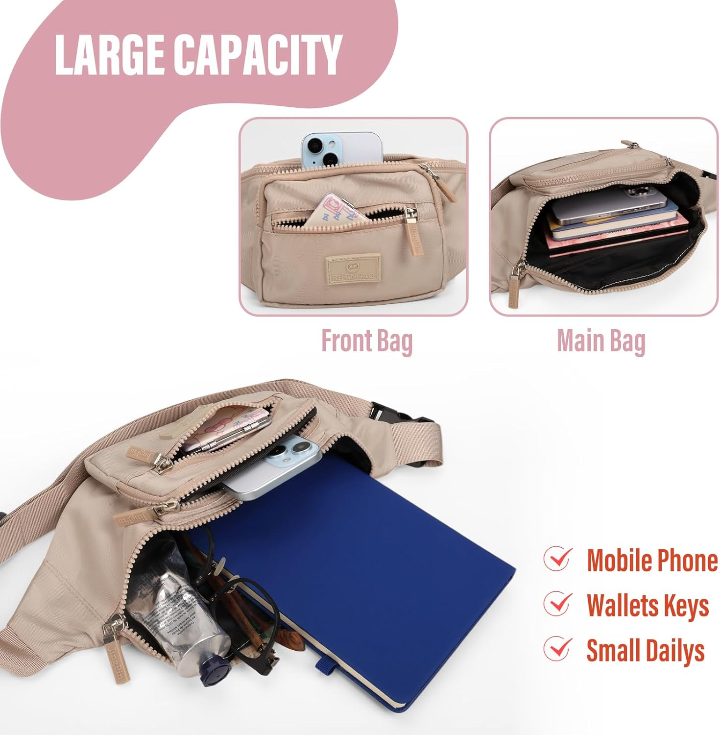 Women Bumbag Bag, 3-Layer Waterproof Waist Bag, Large Capacity Bright Colors Fanny Pack for Women (Khaki) - Green image number 5