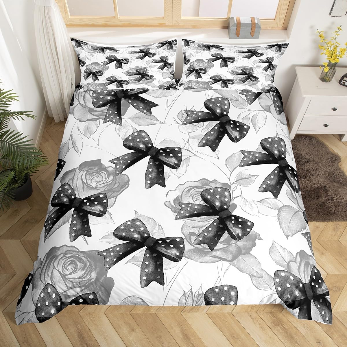 Homemissing Black White Bowknot Duvet Cover Set Double Size for Kids Girls Teens Bedroom Cute Coquette Bow Bedding Set Rose Bow Ribbon Comforter Cover with 2 Pillowcases image number 3