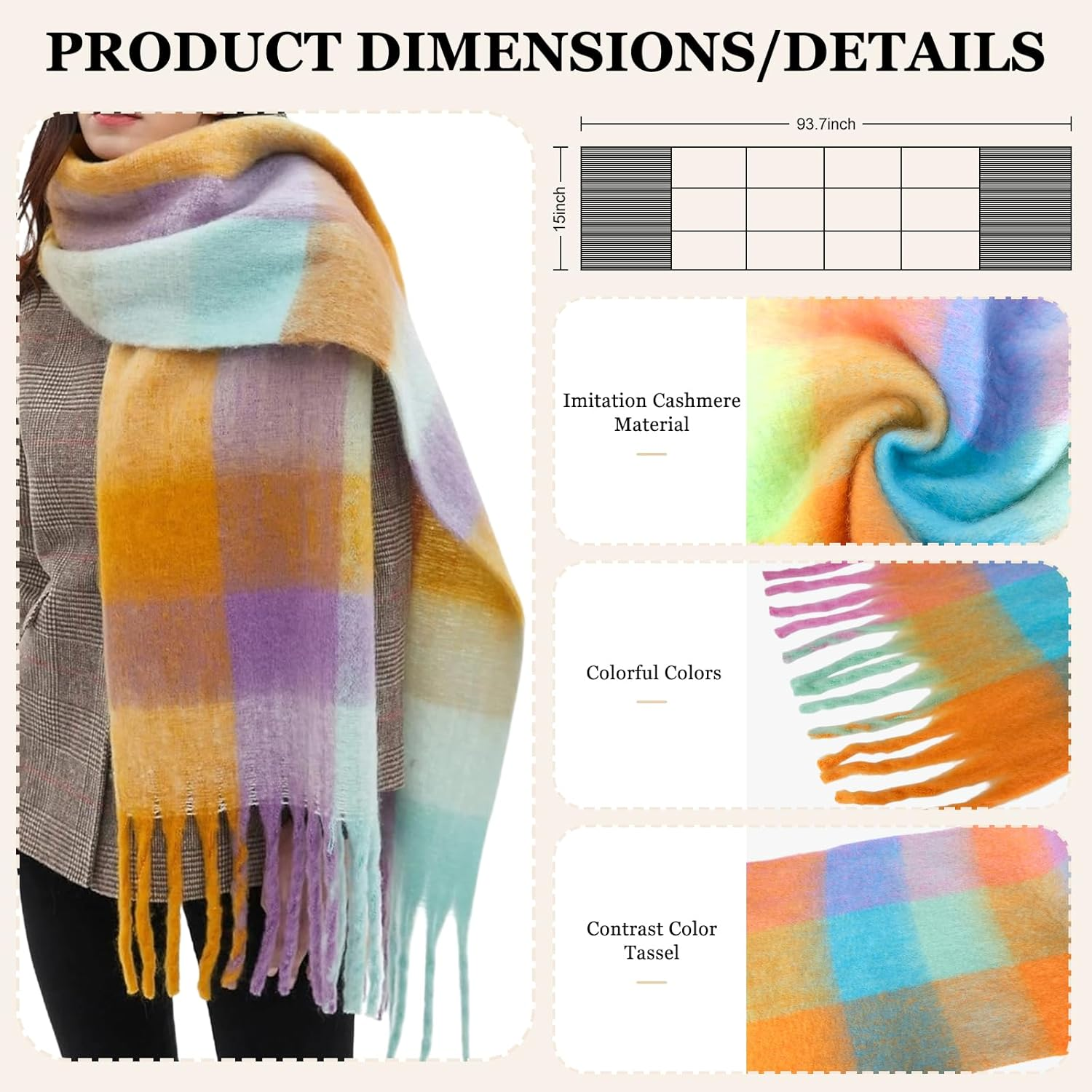 Youcoscos Winter Scarf for Women Oversized Chunky Plaid Scarves Large Plaid Thick Soft Warm Blanket Scarfs Tassel Shawl